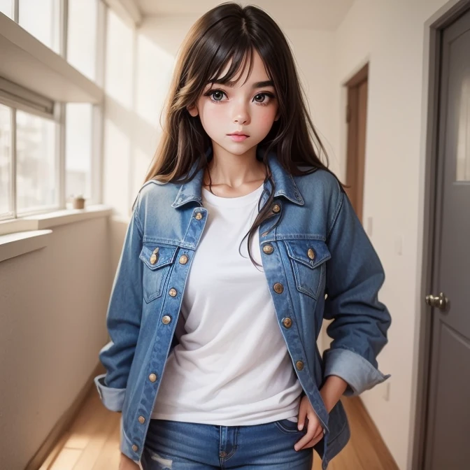 12 years girl. Vestida con campera de jeans.