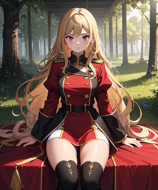 (Obra maestra, La mejor calidad), (absurdos:1.2), (Ultra detallado, 8k, Ultra Highres:1.2) 18-year-old girl with a  delgado, wavy blonde hair, expressive brown eyes, and a fair complexion.Mirando al espectador, En pie, sentada, Posando, red and gold military uniform made of leather and linen, with a background featuring a forest behind her.