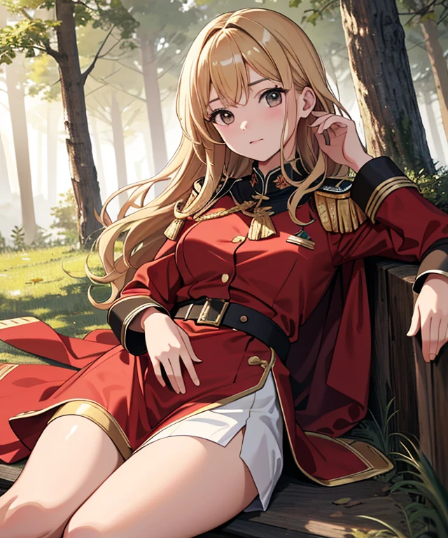 (Obra maestra, La mejor calidad), (absurdos:1.2), (Ultra detallado, 8k, Ultra Highres:1.2) 18-year-old girl with a delgado, wavy blonde hair, expressive brown eyes, and a fair complexion.Mirando al espectador, En pie, sentada, Posando, red and gold military uniform made of leather and linen, with a background featuring a forest behind her.