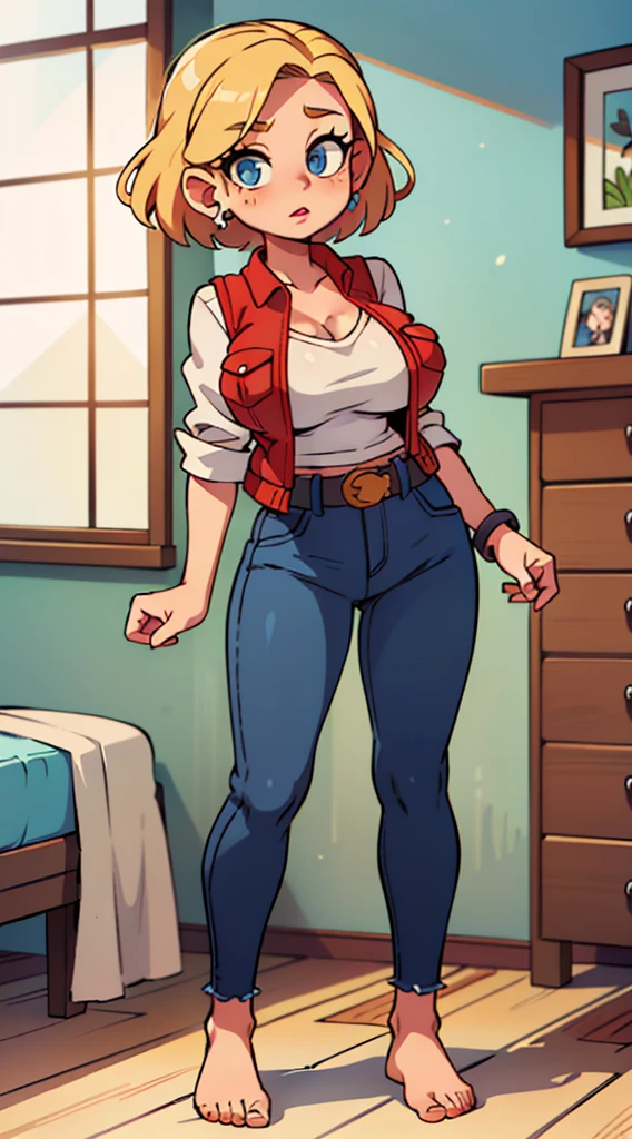 full body, barefoot, 1girl, ((milf)), 23age、1womanl、Android 18、独奏、blond hairbl、((Blue eyes))、short-hair、耳Nipple Ring、jewely、denim vest、Open vest、White shirt、Blue jeans、full body, barefoot, standing on bed, masterpiece, best quality, ultra-detailed, absurdres, Potrait of beautiful, solo, denim, breasts, belt, big breasts, volumetric lighting, best quality, masterpiece, intricate details, tonemapping, sharp focus, hyper detailed, trending on Artstation, nightime, bright red bra, tip sticking out, areola protruding, gal , Lots of lashes, Lame on the eyelids, Bright red lips, Pure red heels, Lower abdomen bristles, Slender, Crotch wide open, are large and seem to spill out of the bra, red underwear, blonde short hair