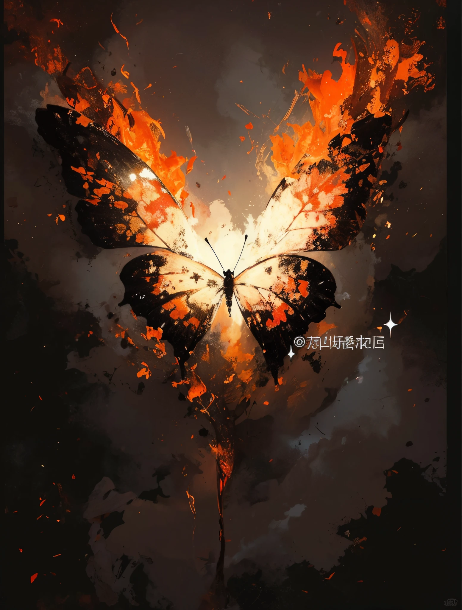 There is a butterfly on fire with a black background, author:Hero, the butterfly goddess of fire, author:Puhua, A beautiful artistic illustration, Beautiful digital artwork, by Liang Kai, author:Han Gan, author:Shen Zhou, butterflys, by Shitao, author:Zou Zhe, Wang Chen, digital art high quality,Flame butterfly,Flame Art,on fire,burning butterfly。