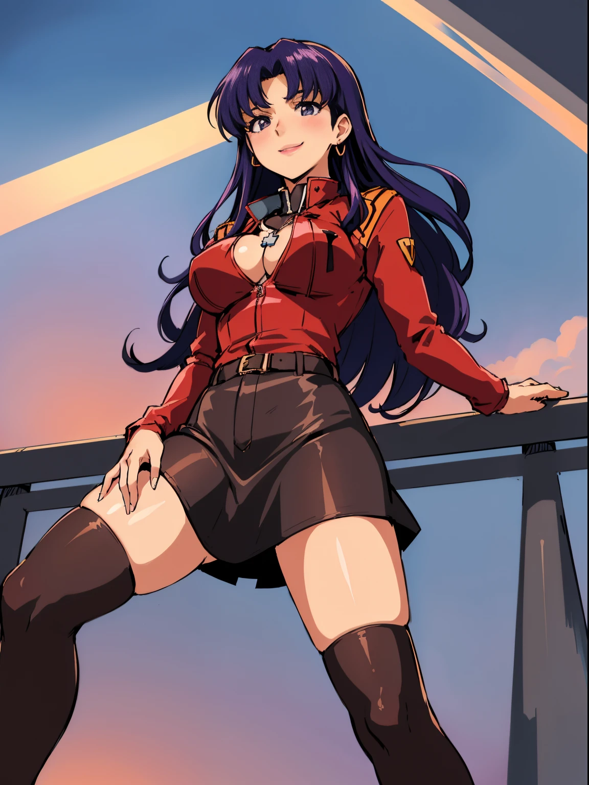 (masutepiece),(Best Quality), Katsuragi Misato, See-through black dress,、 Brown eyes,  Cross Necklace, High Collar Dresses,  Red jacket, on a bridge, Close, Outside, The Distant Japan Castle, lake, Persistent stare, Sharp eyes, Spread your legs apart、sexy langeries、、、Solo, (Curve:1.1), looking down to viewer, Smile on his face, ((From below:1.5)) Looks Back, ((Leaning forward)), seen from back, , lip stick, makeup, Ultra Detail Hair, ultra detail face, (Purple eyes:1.05), Perfect eyes, Perfect face, earrings, (Confused, blush:1.2), , (black thighhighs, Garter Belt:1.1), zettai ryouiki, , high-heels, (Large breasts:1.1), cleavage, Big ass, thighs thighs thighs thighs, Show panties, ((From the hem of the rolled up skirt to the crotch))