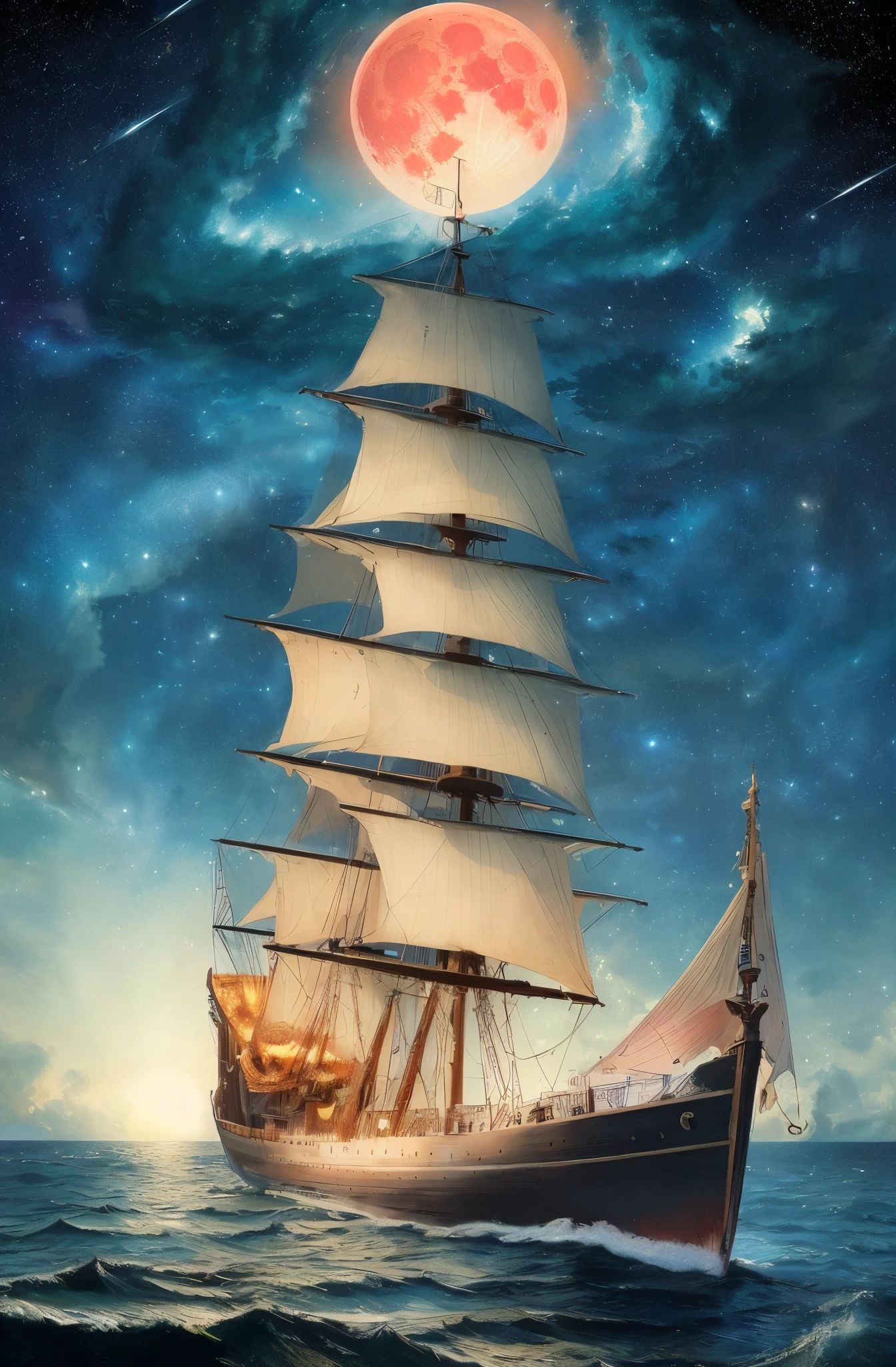 extremely detailed 8k wallpaper,(highly detailed:1.1), ((masterpiece:1.1)),[anime:Impasto:0.5], intricate , fantasy,(1ship),(ocean:1.2),[golden boat:golden boat with (green fire:1.2):0.1], clear sky ,wind ,beautiful sky,(nightsky),(galaxy), (huge blood moon in the background:1.05),