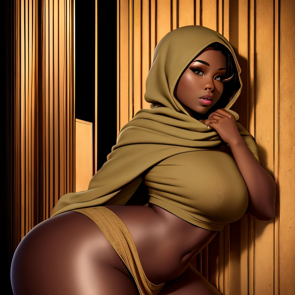 Best quality, Masterpiece, UHD:1.3, small tits WOMAN, deep melanin, Womanly with UBER WIDE HIPS, dark skin Woman, Womancore WITH WIDE HIPS, with THICK THIGHS, dark skin Woman with small chest, physique: Generous backside, bold curves, influential curves, curvaceous simplicity, smooth curves, whiplash curves, bulbous. objective: display epic poses of subject (wearing scarf mask sweater jacket leggings shawl). sharp focus, highest quality, sony alpha a1, photo-realistic techniques, shot on 70mm, color tones: Tan Khaki Amber Taupe --auto --s2