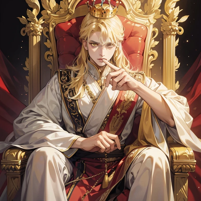 Best quality, masterpiece, ultra-high resulution, portrait of king of the kingdom, crown, blond hair and yellow eyes, sit in the throne, focus eyes, details fingers, 50 year old man