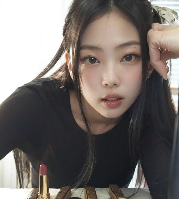 There is a woman who is sitting at a table with lipstick, Chica coreana, young cute wan asian face, Hermosa mujer surcoreana, Joven y adorable rostro coreano, Wan adorable cara coreana, Hermosa joven coreana, maquillaje popular de Corea del Sur, maquillaje coreano popular, Jaeyeon Nam, Hermosa cara de chicas japonesas, Hermosa joven coreana, Heonhwa Choe, con labios muy finos