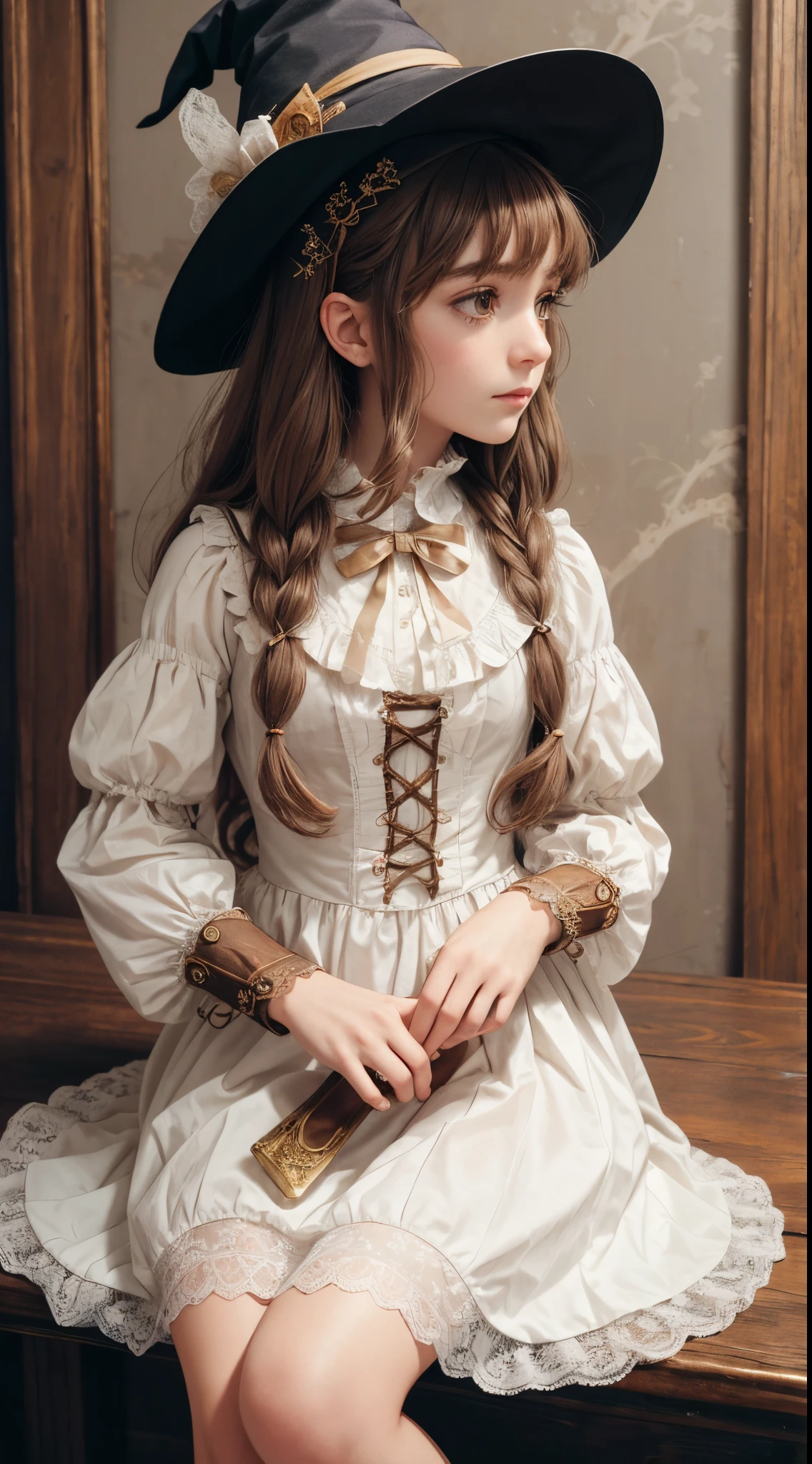 Ala Fed image of girl in white lace dress and Leonardo da Vinci notes background, Stunning young ethereal figure, portrait of the magical girl, portrait of a young witch girl, Girl in steampunk clothes, Musician girl in lace clothes, Natalia Dyer, Daphnekeen, portrait of a young witch, little girl with magical powers, Inspired by Irakli Nadar, Inspired by William Muster Lockhart, of the highest quality, detail, detail, masutepiece, High image quality