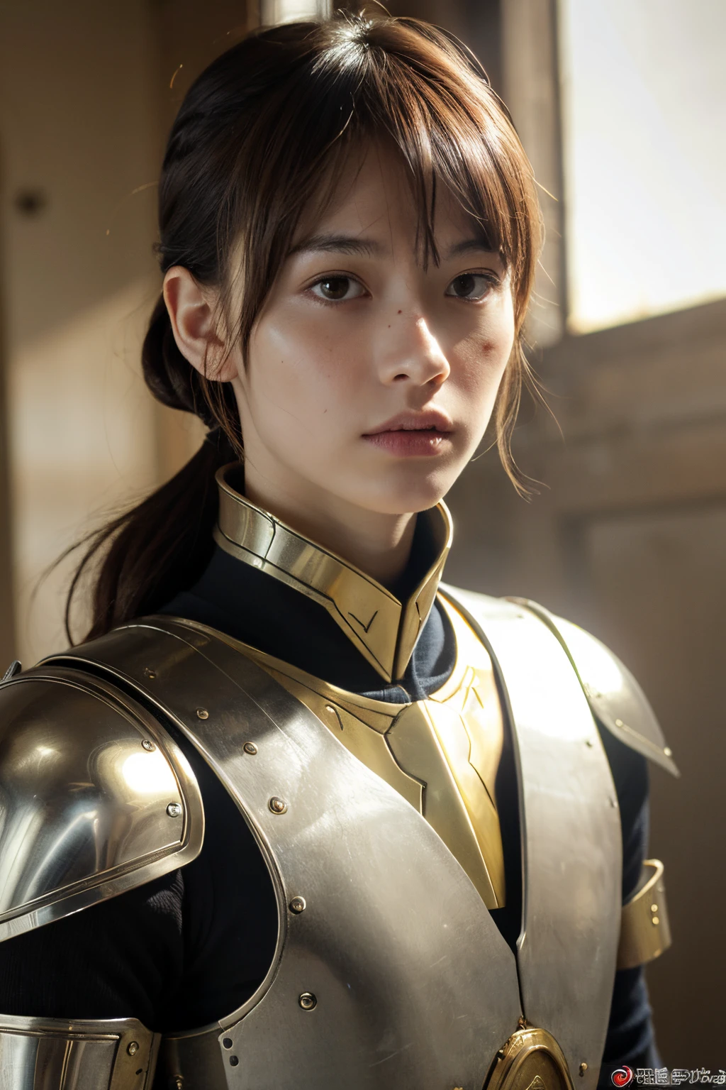 (absurderes, Intricate details, masutepiece, Best Quality, High resolution, 8K), 1 male, Thin, 年轻, aged up, masks, finely detailed eyes and face, low-faded hair of reddish-brown color,, Amber eyes, Portrait, Looking at Viewer, Solo, Half shot, Detailed background, (Light Fantasy Theme:1.1), Focusing, mercenaries, Sunshine, Floating scrap, Color Plate Armor, divine aura, Bright and realistic lighting, Marble castle, Intense atmosphere, circlet, coat of arms, brazier, , depth of fields, VFX.