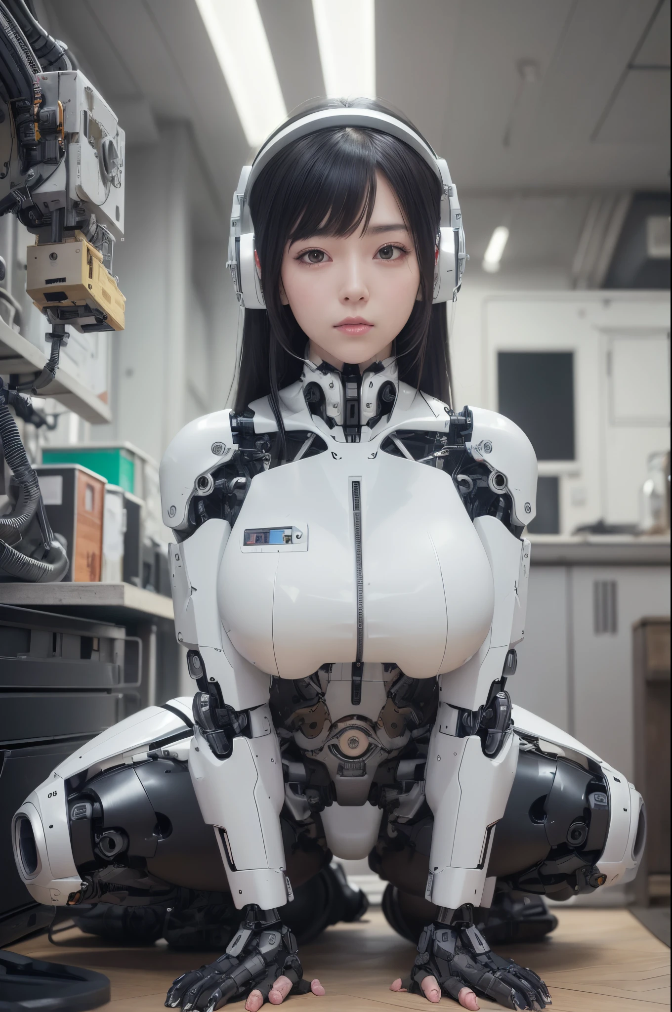 masterpiece, best quality, extremely detailed, (photorealistic:1.4), (RAW photo) (RAW photo) (8K, 4K, Best Quality, hight resolution, 超A high resolution:1.1), (masutepiece, Realistic, Photorealsitic:1.1), 1girl in, Japaese Cyborg girl,Plump , control panels,android,Droid,Mechanical Hand, Robot arms and legs, Black Robot Parts,Black hair,Mechanical body,Blunt bangs,White robotics parts,perfect robot girl,future laboratory,cyber pank,charging spot,laboratory,long tube,thick cable connected her neck,ceramic body ,mechanical body, ear antenna,mechanical ear cover, black leggings,mechanical costume,android,robot,humanoid,cyborg,japanese teenager android ,mechanical chest