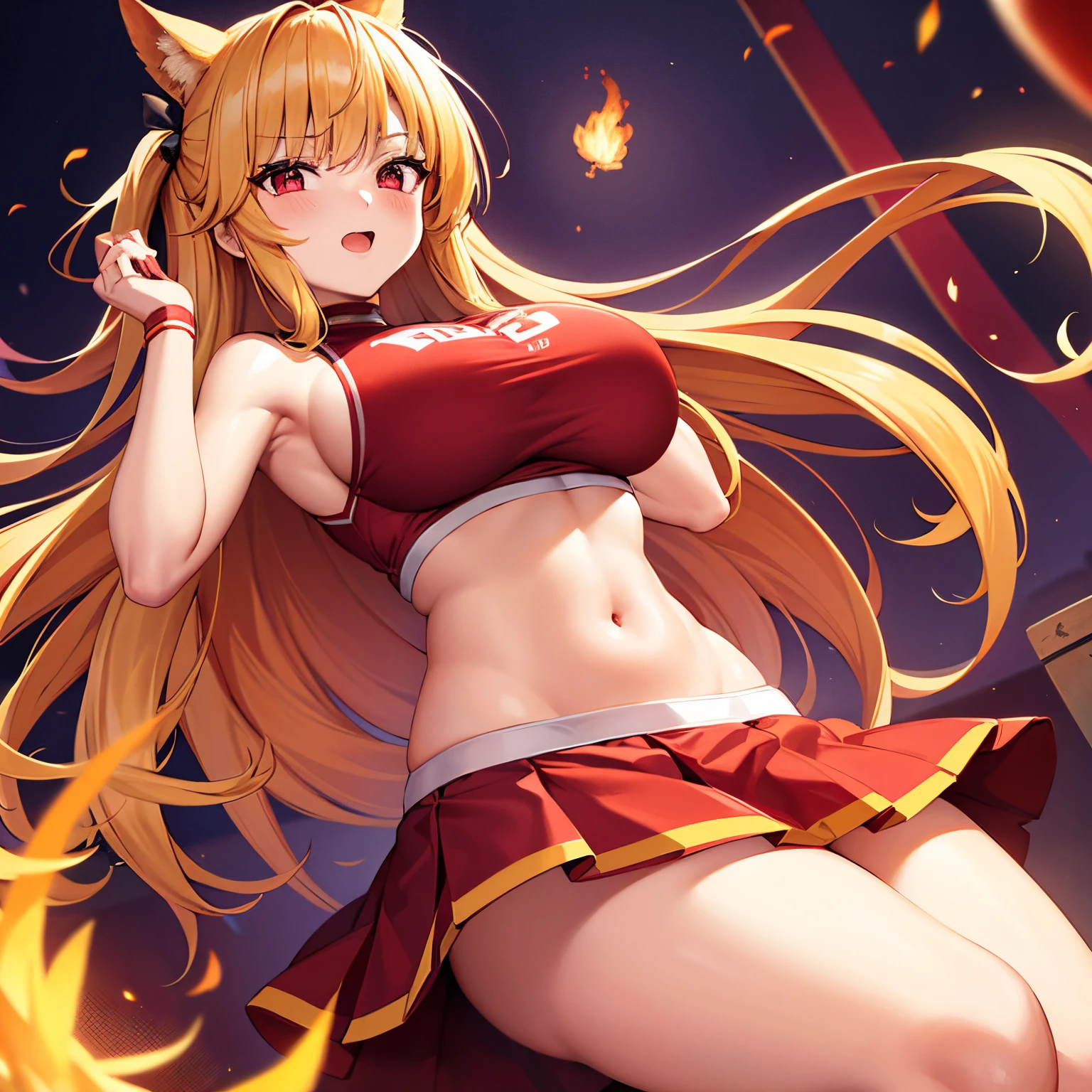 cheerleader // alone woman // big boobs // red outfit // magic girl with fire magic // long blonde hair // red eyes // fire magic