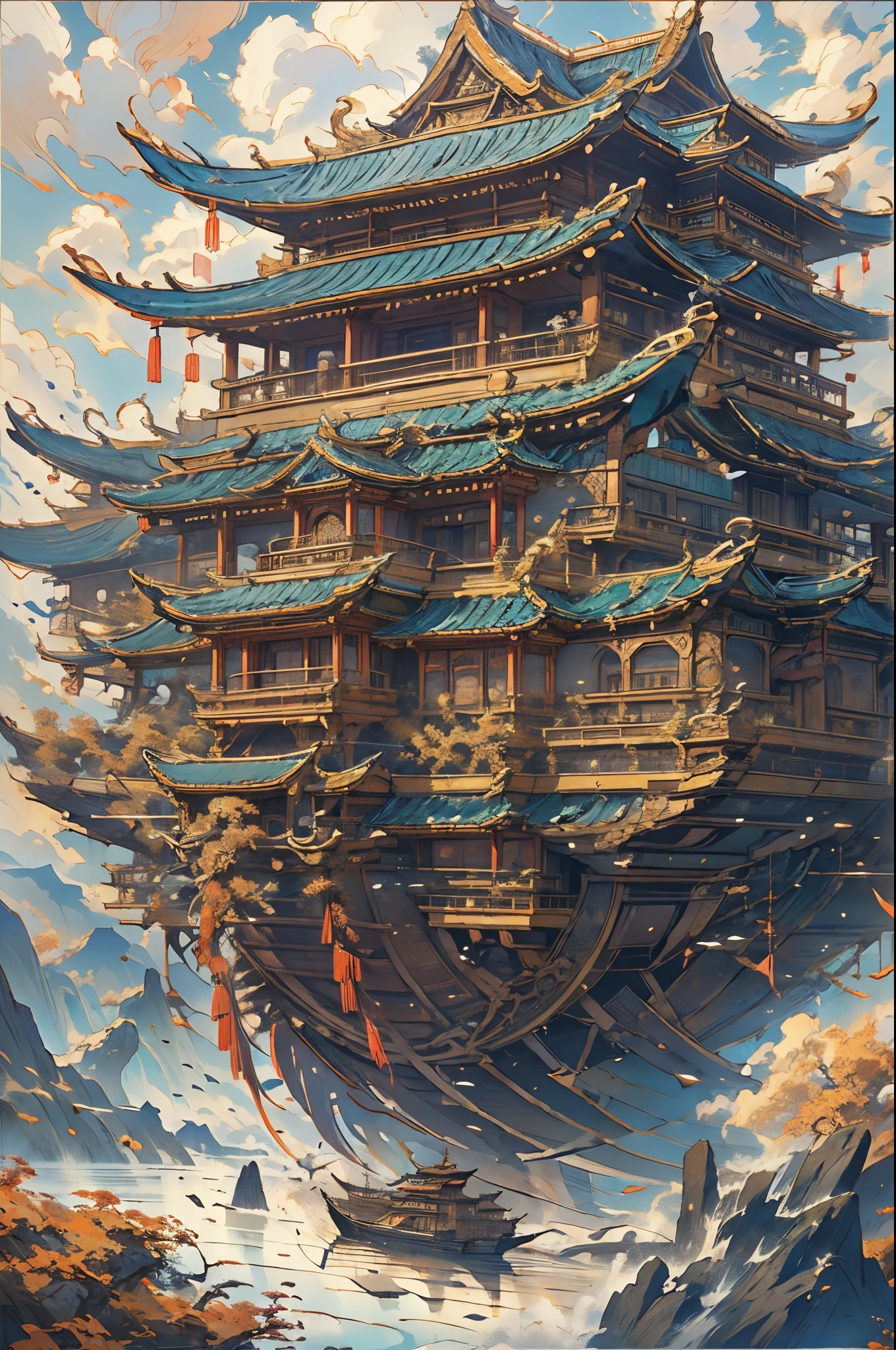 Asian style boat floating in the clouds, complex architectural style, Metal etherification, James' House, Interesting and complex,Boat, ships, fanciful, the space, archaic, das boot, Artistically, Featuring a realistic and ultra-detailed rendering style, northern china's terrain, celestialpunk, Intricately detailed architecture, Contemporary metallurgy, Surreal detailed, Rich in layers,A huge ancient ship floats on the surface of the sky, Cheng Yanjun style, Detailed world architecture, Turn on RTX,Asian style boat flies over mountain peaks, Sci-fi Baroque style, well-built，Accurate, Interlocking structure, celestialpunk, Traincore, Impressive skies, Kushan Empire,Deep background，hoang lap，marvelous and unbelievable，Epic work，(Complicated details，hyper-detailing:1.2)，ultra real photo, Epic reality, ((com cores neutras)),(pastel colour:1.2), hyper realisitc, + Cinema lenses + dynamic compositions, The is very detailed, Sharpen, Cinematic, warmly lit, Light effect, Dramatic light, (Complicated details:1.1), the complex background, (greg rutkovsky:0.8),