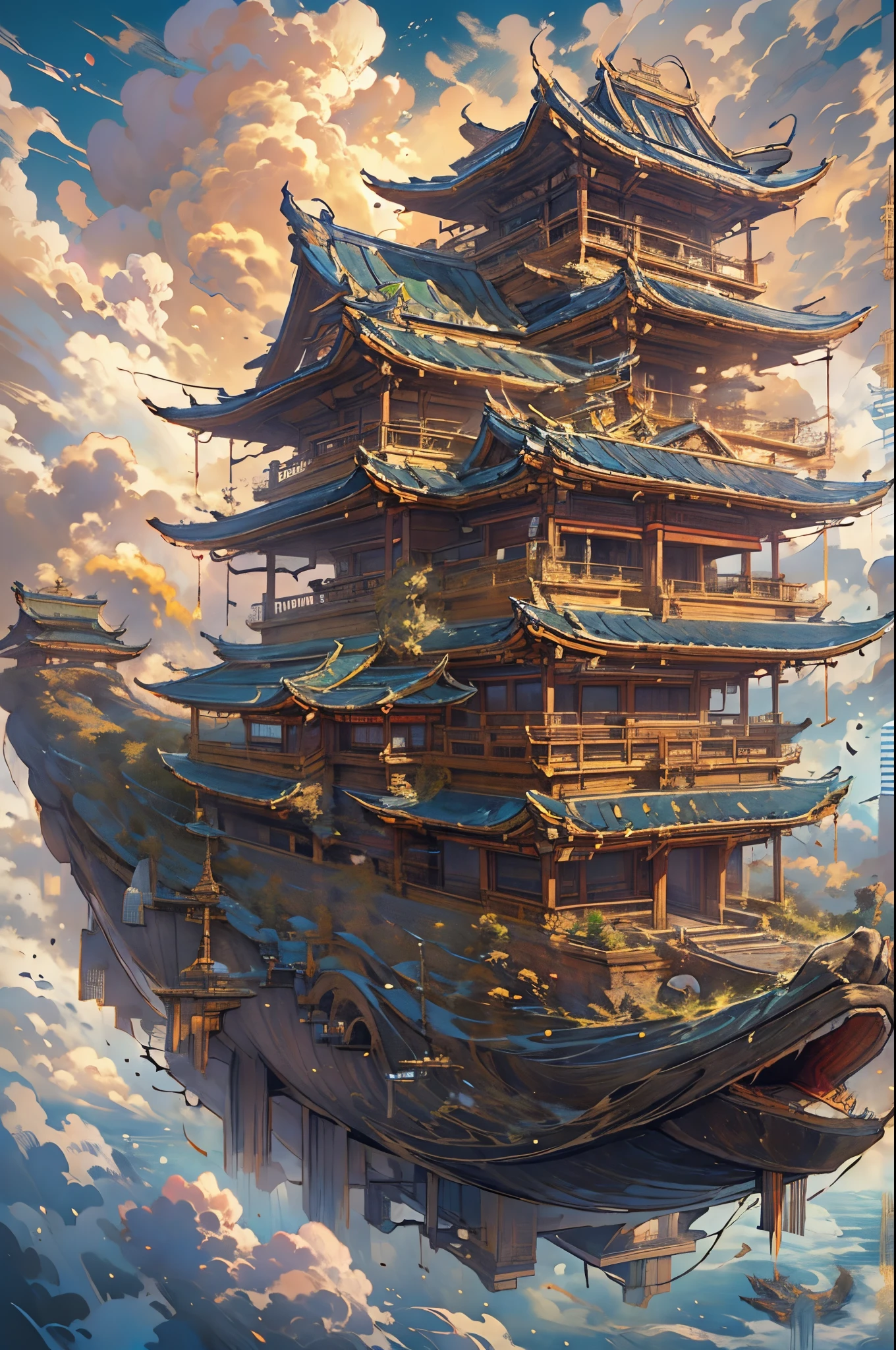 Asian style boat floating in the clouds, complex architectural style, Metal etherification, James' House, Interesting and complex,Boat, ships, fanciful, the space, archaic, das boot, Artistically, Featuring a realistic and ultra-detailed rendering style, northern china's terrain, celestialpunk, Intricately detailed architecture, Contemporary metallurgy, Surreal detailed, Rich in layers,A huge ancient ship floats on the surface of the sky, Cheng Yanjun style, Detailed world architecture, Turn on RTX,Asian style boat flies over mountain peaks, Sci-fi Baroque style, well-built，Accurate, Interlocking structure, celestialpunk, Traincore, Impressive skies, Kushan Empire,Deep background，hoang lap，marvelous and unbelievable，Epic work，(Complicated details，hyper-detailing:1.2)，ultra real photo, Epic reality, ((com cores neutras)),(pastel colour:1.2), hyper realisitc, + Cinema lenses + dynamic compositions, The is very detailed, Sharpen, Cinematic, warmly lit, Light effect, Dramatic light, (Complicated details:1.1), the complex background, (greg rutkovsky:0.8),