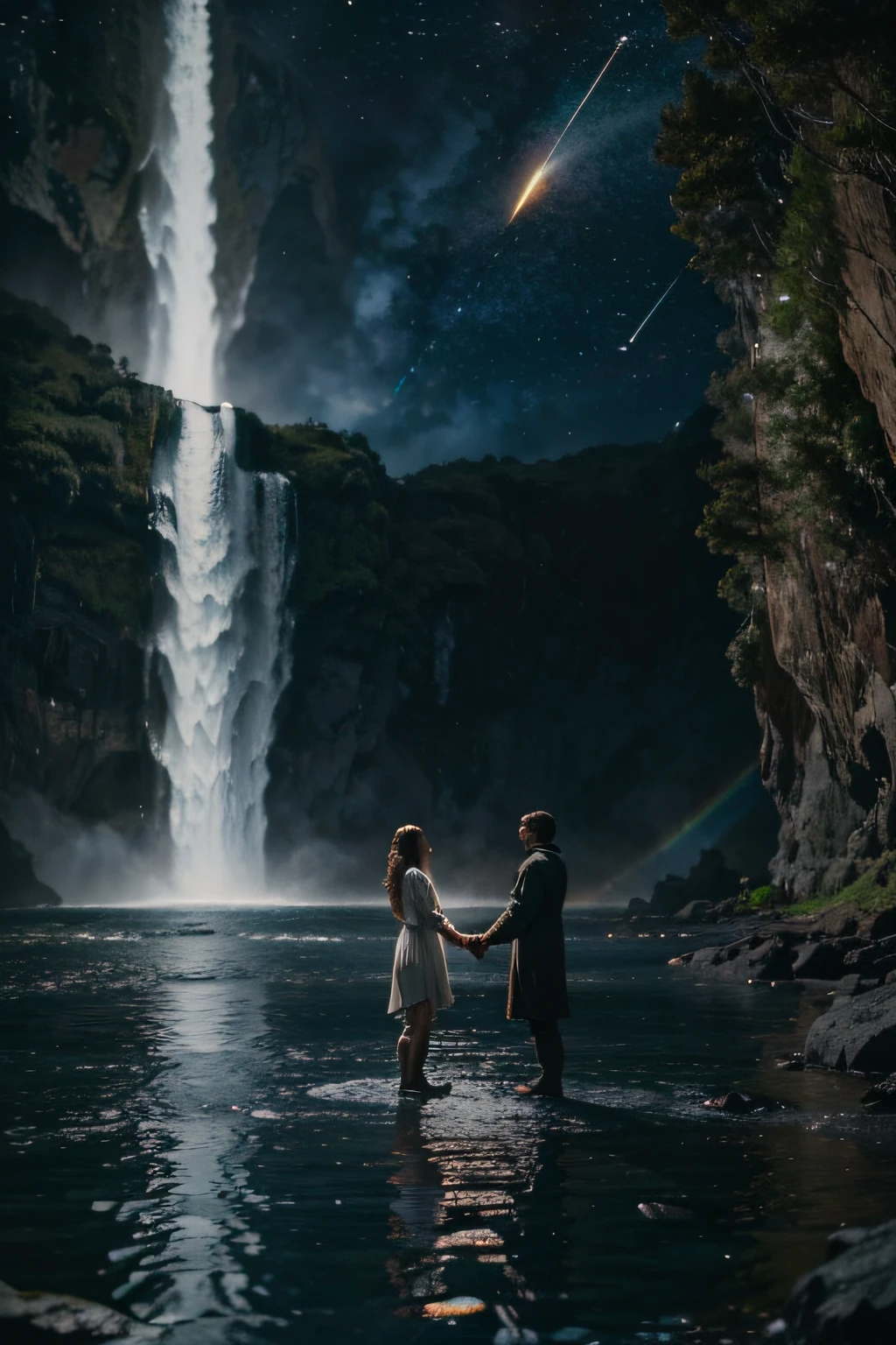 many people holding hands and standing in a large circe and looking into the distance, to see god looking down on them and looking proud. colors and space. lifestyle photography, candid, realistic, epic realism, cinematic, epic realism,8K, highly detailed and water falls behind her and more cosmic, movie like, meteors, waterfalls