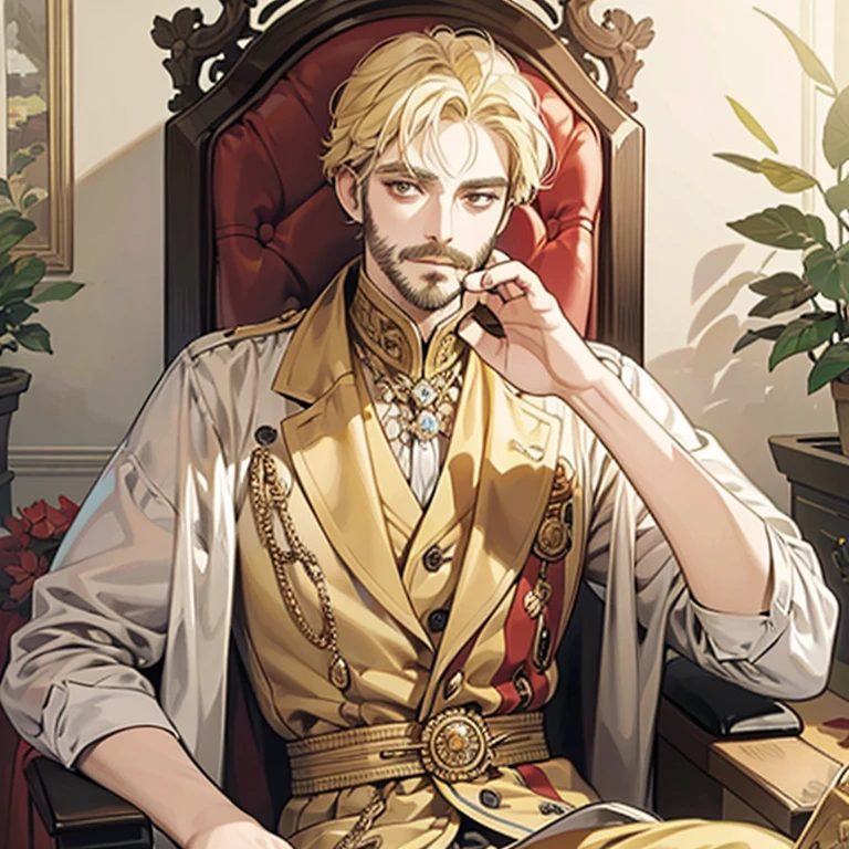 Best quality, masterpiece, ultra-high resolution, portrait of king of the kingdom, crown, blond hair and yellow eyes, sit in the throne, focus eyes, details fingers, 60 year old man, thin mustache and beard