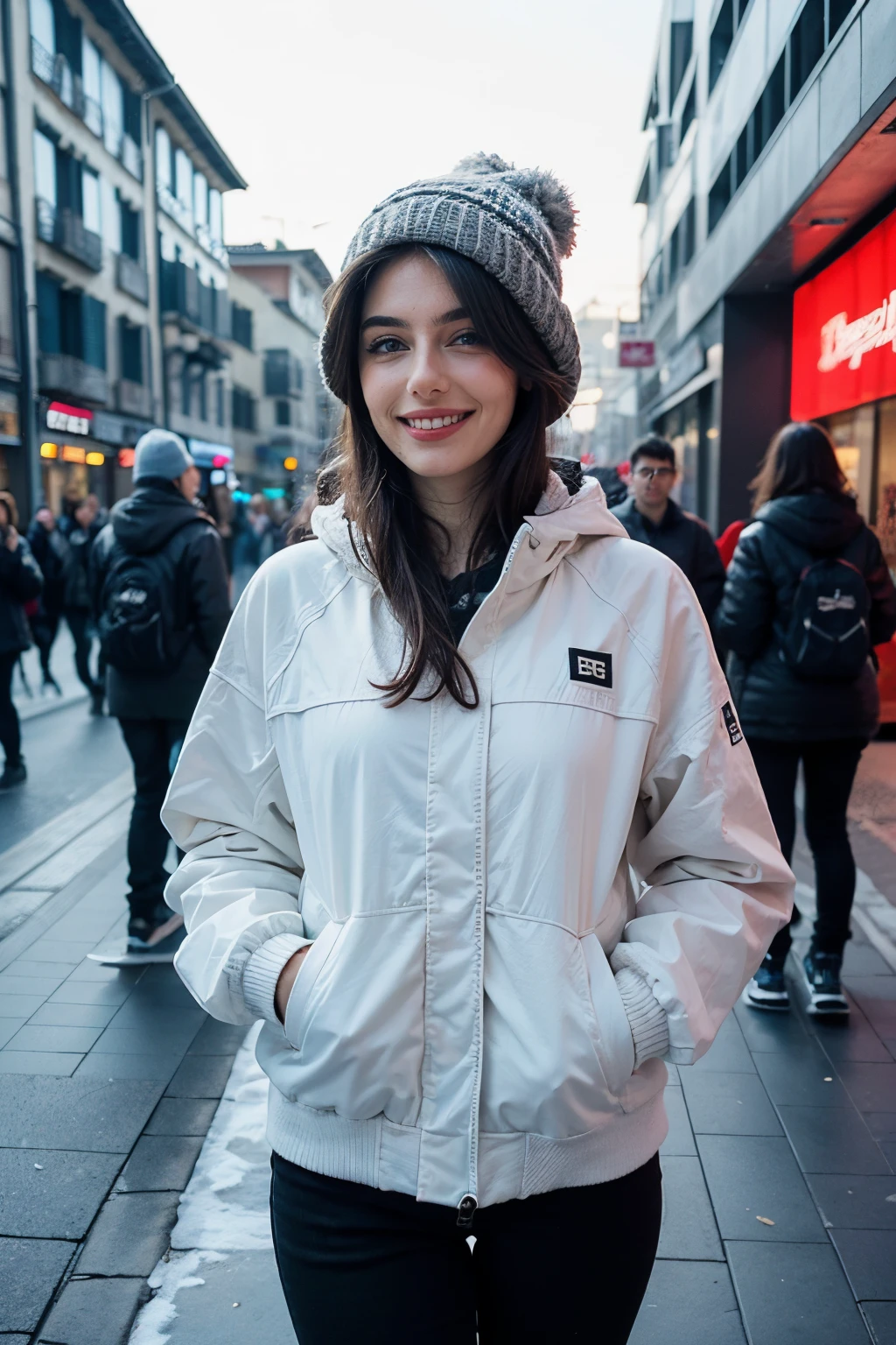 December light, Hyper realistic, raw photo, award winning photo, super detailed shot, Stunning Gaia Nobile, 18 years old, blue eyes, brown hair, large chest, walking in the centre of Milan, chaotic situation, she is cheering at the camera smiling, happy, super tired face. Winter, very very cold day, she is wearing a ((snowboard jacket)), daylight, foggy scene, heavy contrast, she looks tired, smiling, skin imperfections, realistic skin, ((white wool hat))