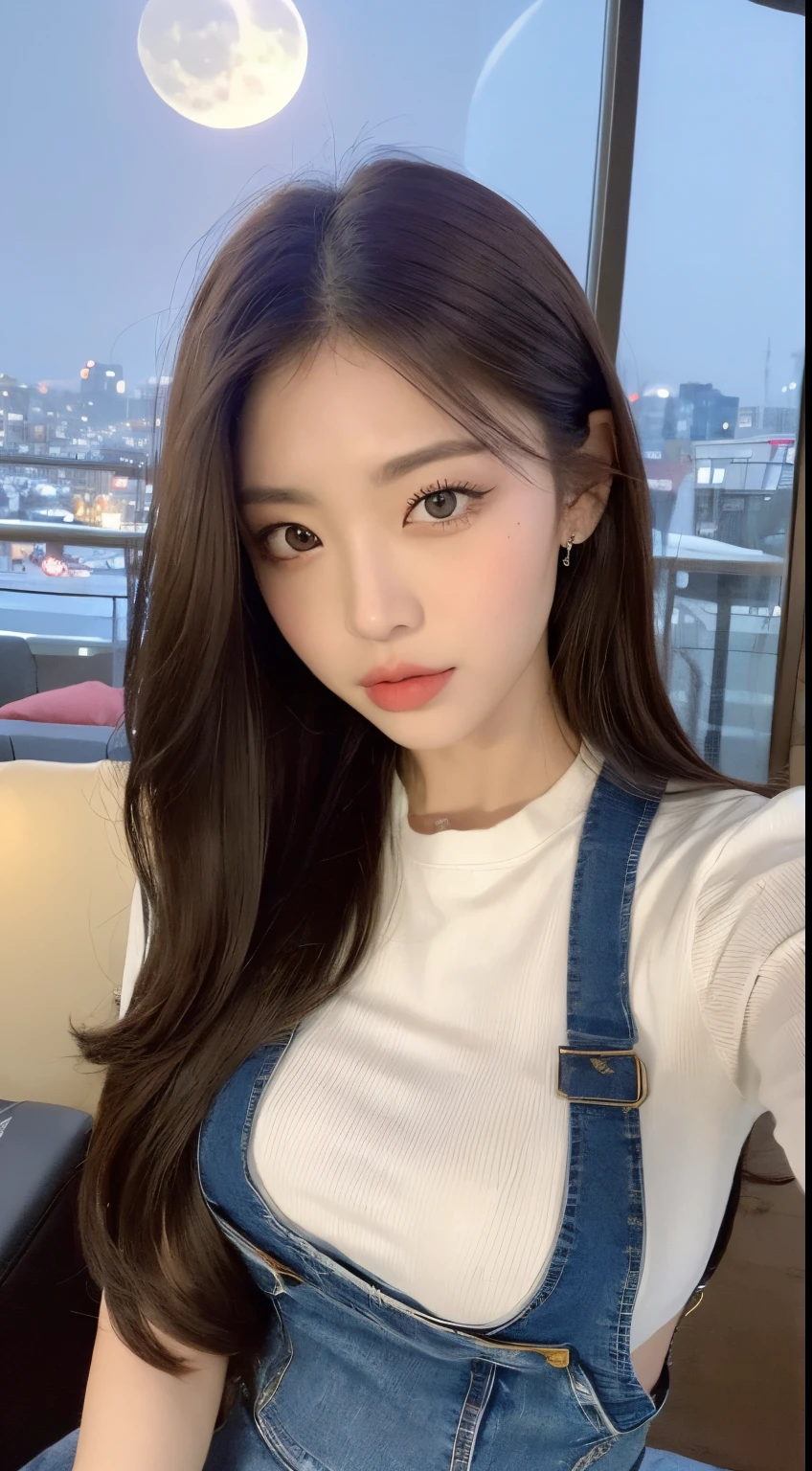 ((full moon night , Best quality, 8k, Masterpiece :1.3)), Whole body, Long legs, Sharp focus :1.2, A beautiful girl with perfect figure :1.4, perfect body abs :1.1, ((Dark brown hair, medium breasts :1.2)), (White tight tshirt, Jean bib, Standing:1.2), ((city view,), Highly detailed face and skin texture, Detailed eyes, Double eyelid