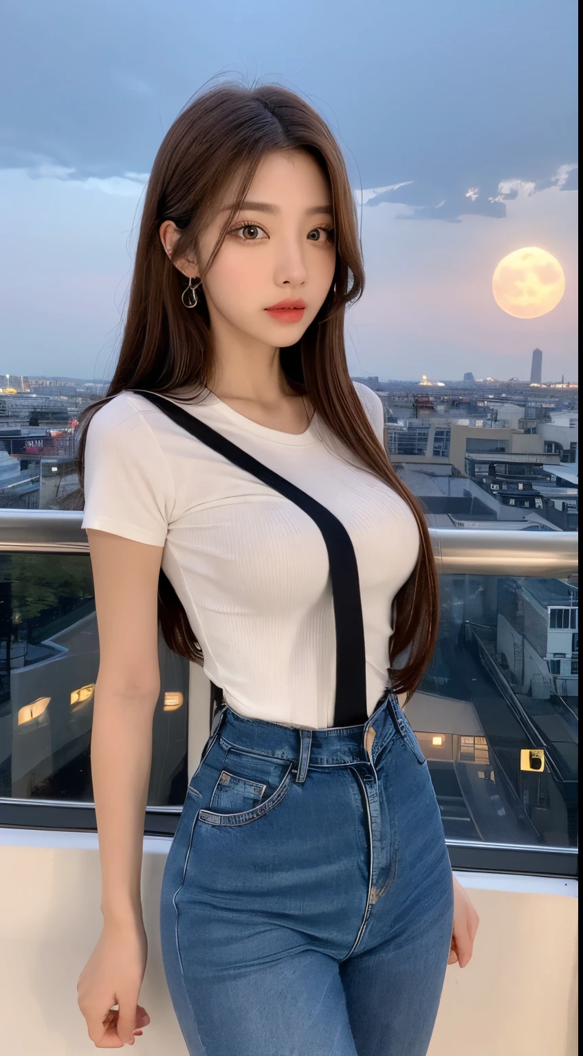 ((full moon night , Best quality, 8k, Masterpiece :1.3)), Whole body, Long legs, Sharp focus :1.2, A beautiful girl with perfect figure :1.4, perfect body abs :1.1, ((Dark brown hair, medium breasts :1.2)), (White tight tshirt, Jean bib, Standing:1.2), ((city view,), Highly detailed face and skin texture, Detailed eyes, Double eyelid