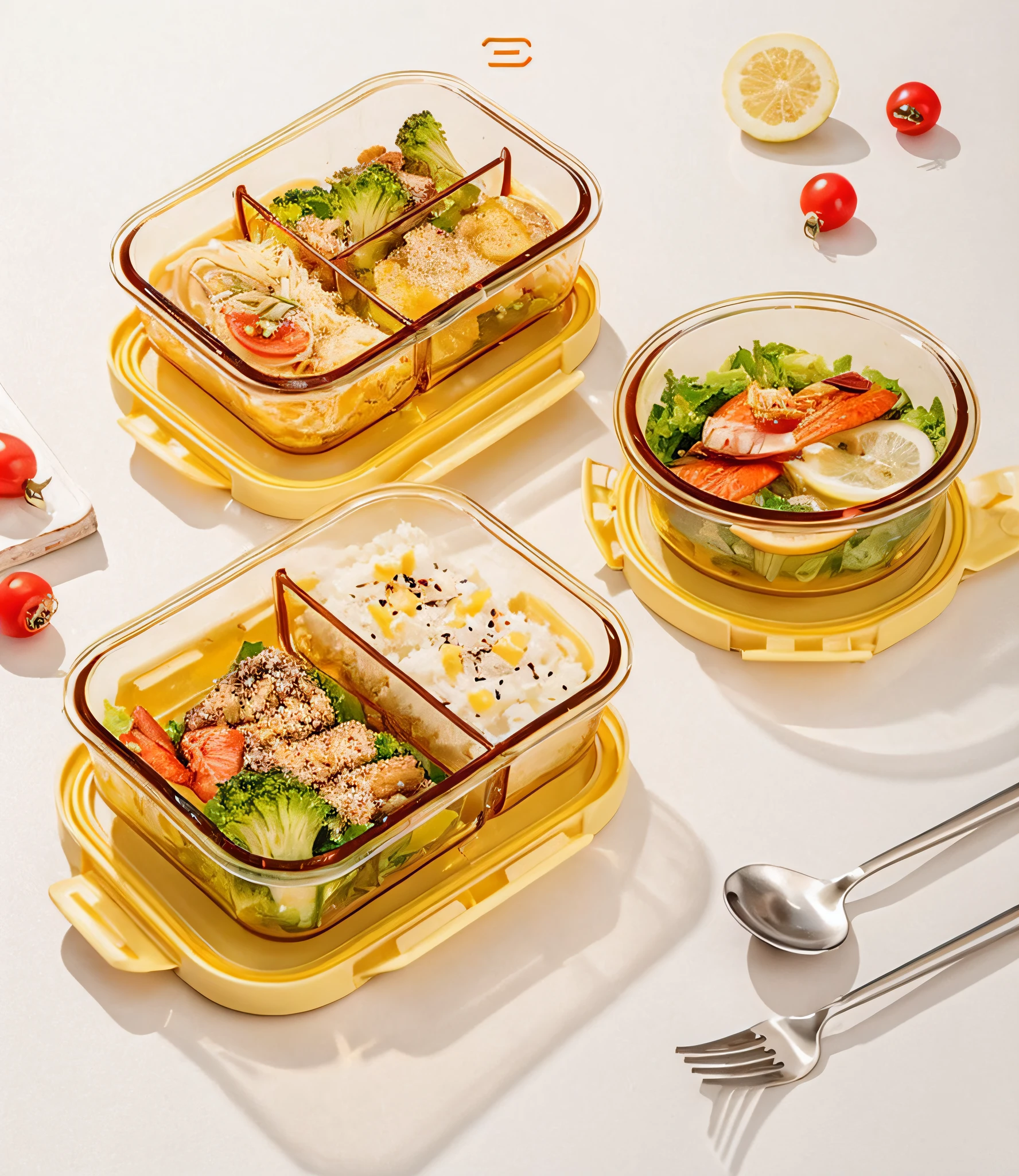 Three plastic containers filled with food and a spoon on the table, glass tableware, 4l, caesar, 3 pcs, 6 pack, product photograph, Art Mista, Tasty, author:Li Meishu, Yellow and red color scheme, 🦩🪐🐞👩🏻🦳, bo chen, cubes, 3 colour, Let's go quickly, bowl