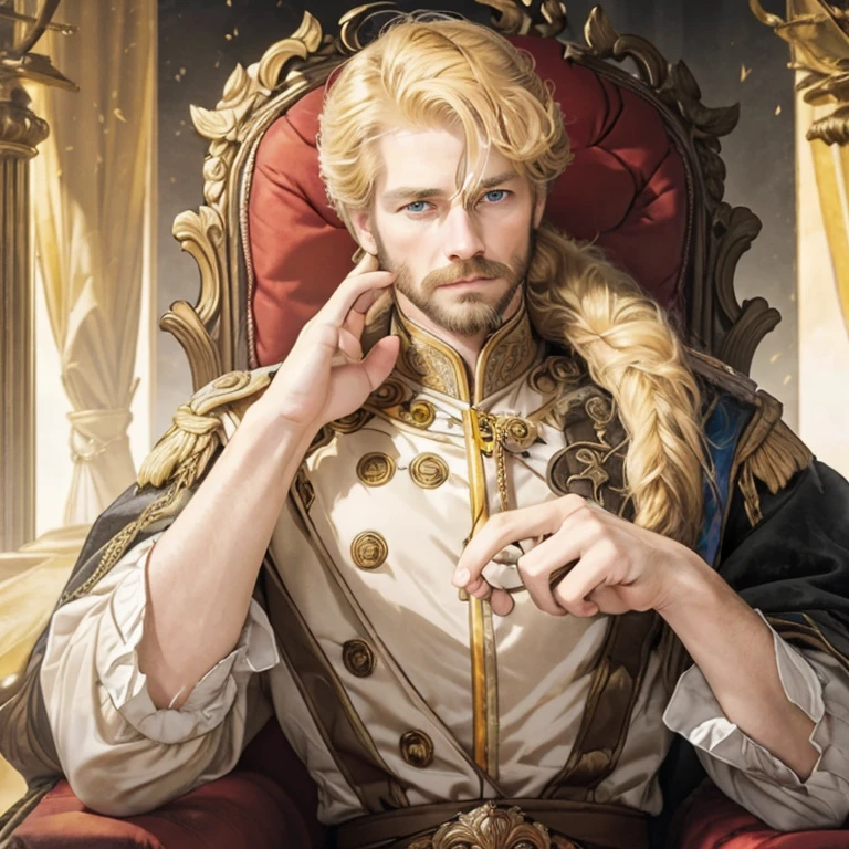 Best quality, masterpiece, ultra-high resolution, portrait of king of the kingdom, crown, blond hair and yellow eyes, sit in the throne, focus eyes, details fingers, 60 year old man, thin mustache and beard