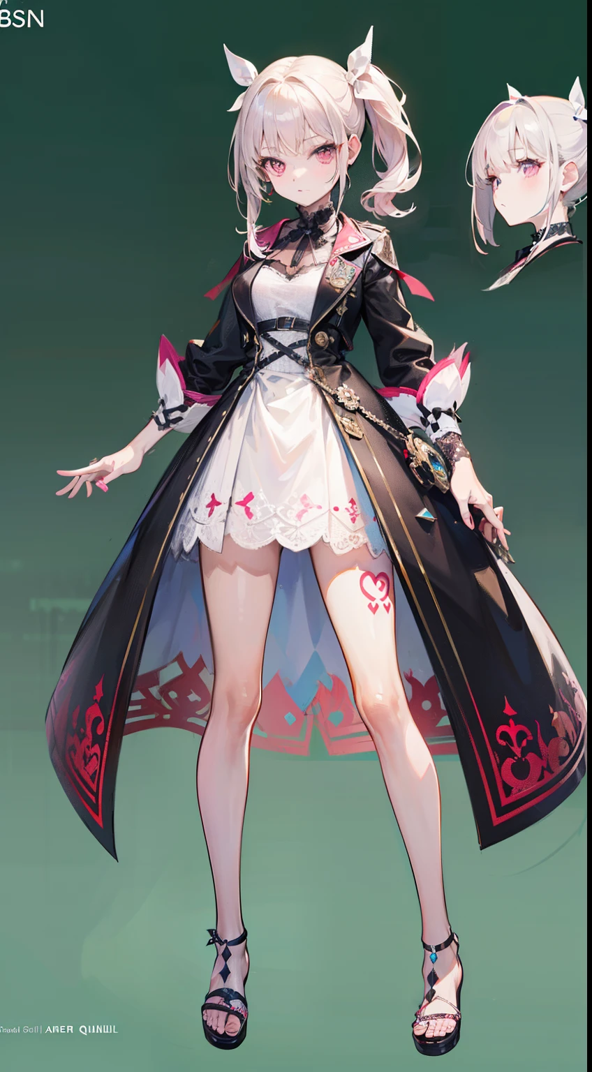 ((top-quality)))1 young girl, character sheets, concept-art, full body Esbian, (masterpiece:1.2), (Top image quality:1.3), 1girl in, is standing, White Ribbon Ponytail, A sexy, Lady style mini skirt lace dress, Obscene tattoos, Big,light bege hair,Pink eyes
