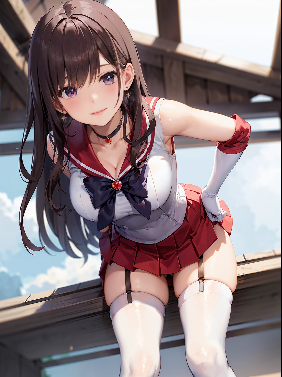 (masterpiece、top-quality), Hi-Res, SAMA1, tiarra, skirt by the, Sailor Senshi Uniform, white glove, Red sailor collar, a red skirt, star choker, elbowgloves, pleatedskirt, Bare legged, 鎖骨, Purple bow, A smile, a moon,Acme face,panting,AHE Face Bold legs open,,Soft thighs,large full breasts,,、 On roof tiles、nigh sky、、、Solo, (Curve:1.1), looking down to viewer, Smile on his face, ((From below:1.5)) Looks Back, ((Leaning forward)), , Long hair, lip stick, makeup, Ultra Detail Hair, ultra detail face, (Purple eyes:1.05), Perfect eyes, Perfect face, earrings, (Confused, blush:1.2), , (black thighhighs, Garter Belt:1.1), zettai ryouiki, , high-heels, (Large breasts:1.1), cleavage, Big ass, thighs thighs thighs thighs, Show panties, ((From the hem of the rolled up skirt to the crotch))