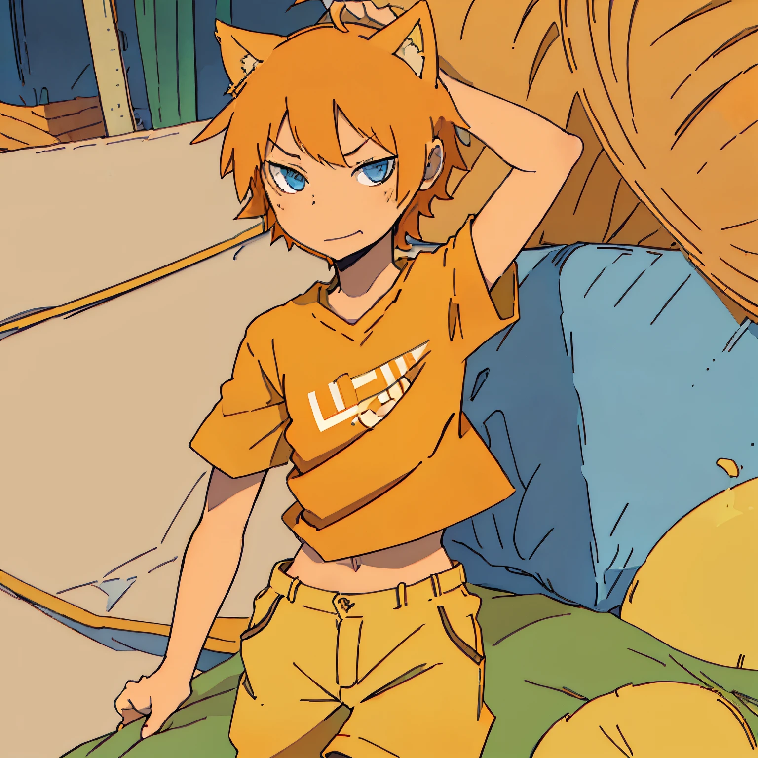 (Short orange hair), ( yellow t-shirt), ( orange cat ears), (green cargo shorts), (cat boy),  (blue eyes)