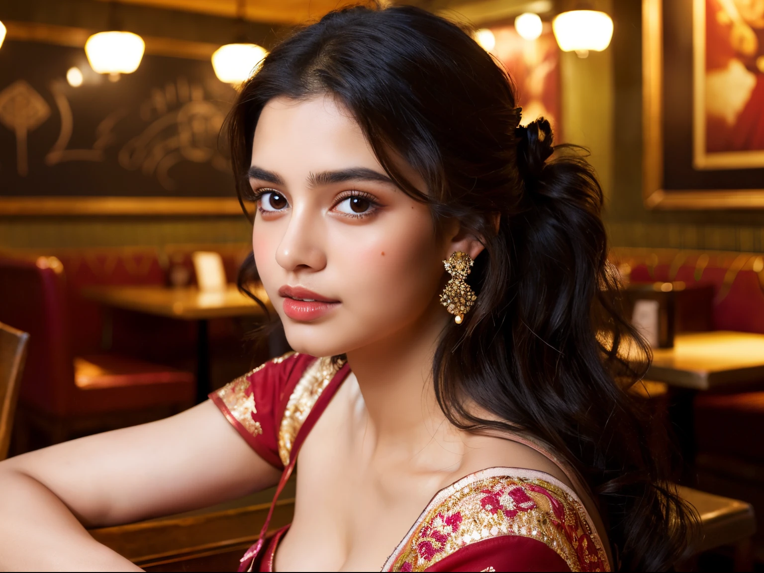 ((best quality)), ((masterpiece)), (detailed), perfect face, teenager 19 year old girl ,surreal, indian girl, (high resolution), (8K), ((extremely detailed)), (best illustration),beautiful detailed round eyes , (best quality), (super detailed), (masterpiece), (detailed face), best quality, (big breasts ,wearing beautiful red traditional dress ,Seductive body ,long black curly hair ,Super chic face detail, Super detailed lips)), ((Detailed eyes, in restaurant , sitting, pose,