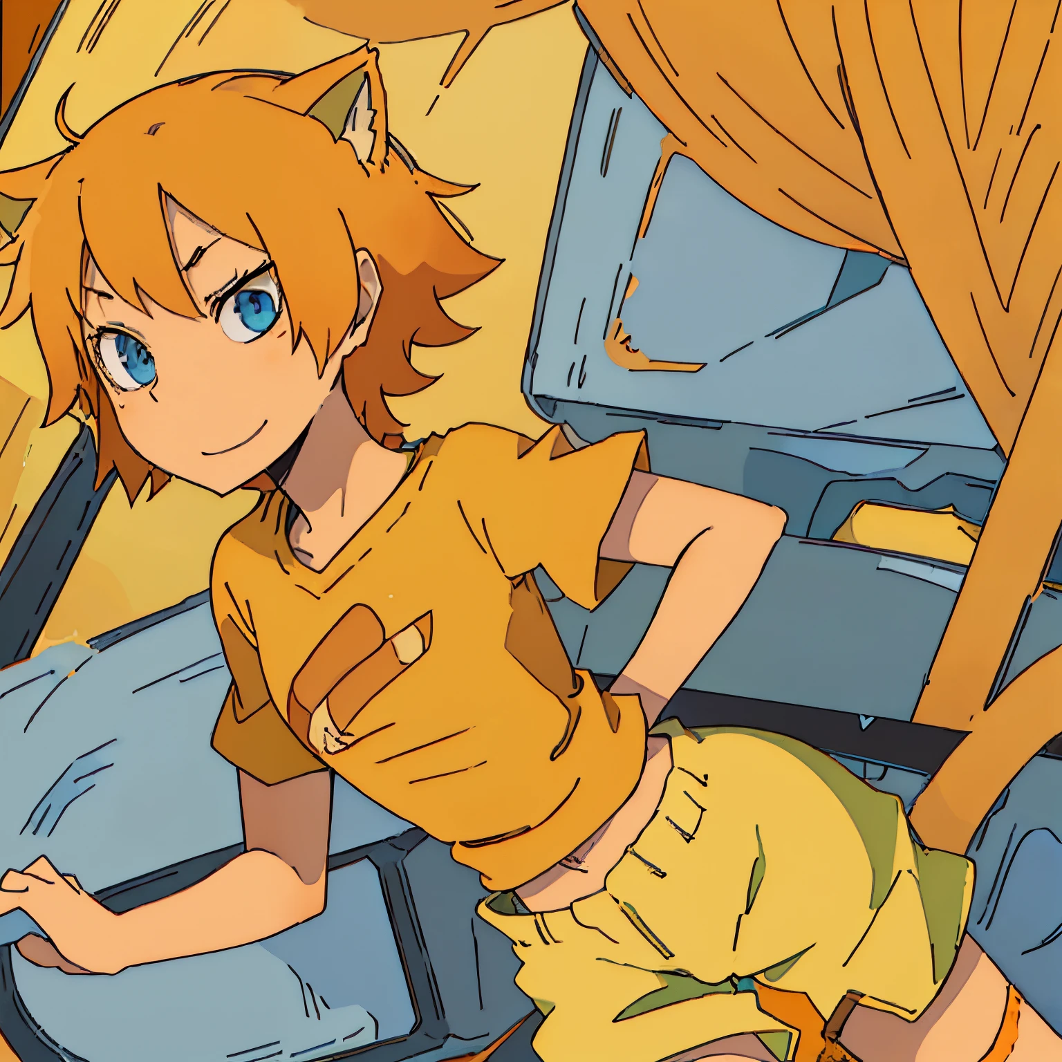 (Short orange hair), ( yellow t-shirt), ( orange cat ears), (green cargo shorts), (cat boy),  (blue eyes)