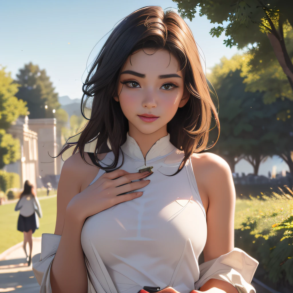 (extremely detailed 8K wallpaper:2), (photo:2), (24 years old Xuan Beautiful girl:2), (gives a lecture to friends:2), Detailed (Face & Eyes), (hyper realistic:1), (Highly detailed:1), (Epic Realistic:1), rim light, (Maximum details:1), Cosy, (body complet:1.3), (looking a viewer:2.0), (Attractive qualities of a woman:2), (attractive female:2), (Attractive:2), Smile, intelligence, sympathy, Grace, A sense of style, Fitness, Care, optimism, (sensitivity:2), frankness, Romantic gestures, playfulness, Fashion Sense, (sensuality:2), charm, modesty, Thoughtfulness, (femininity:1), flirtatiousness, warmth, (Physical Attractiveness:2), beautiful smile, Love of Life, Strength and power, Vulnerability, curiosity, wonder, Love, (Nature's prehistory:2), Kawaii, waifu, beautiful breasts, (attractive body:2), (handsome body:2), BEAUTIFUL POSE, attractive pose, (nice feet:1.0), (beautiful clothing:1), (Classic clothes:2), (elegant clothing:2), (European Clothing:2), detailed clothes, (upskirt:1), (blouse:1), (provocative pose)