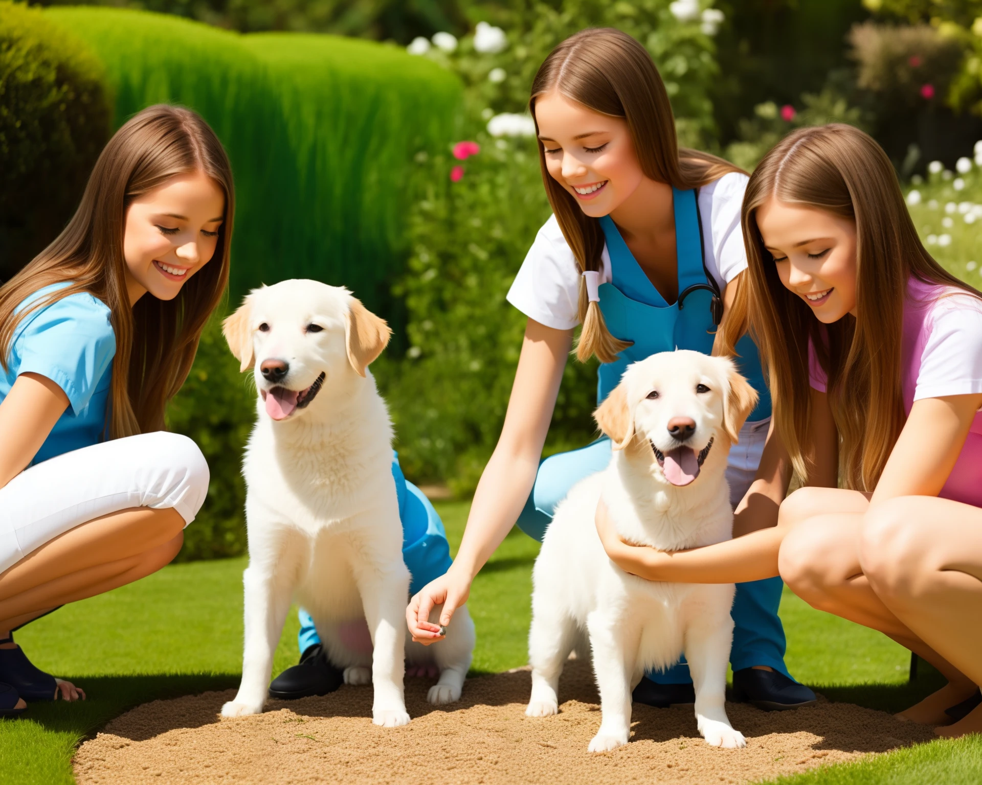 Two blonde sisters taking care of pets in a garden