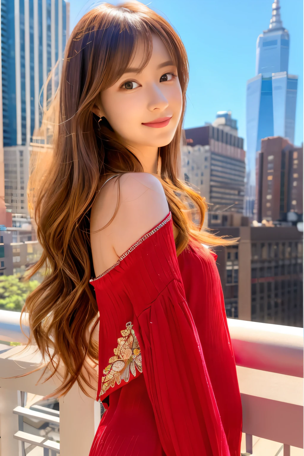 high-definition picture,(masutepiece), (Best Quality), (ultra-detailliert),(beautiful hairl),(1girl in),with round face (Bright red clothes,Upper and lower sets), white  shirt,fullbody image,Fashion Model, Looking at Viewer, (Detail of New York cityscape overlooking skyscrapers from rooftop),Beautiful detailed eyes, Delicate beautiful face, (High color saturation),(Shining), Focus on Face, long chestnut hair,   (Shining), There is a warm atmosphere in the air,Full body painting