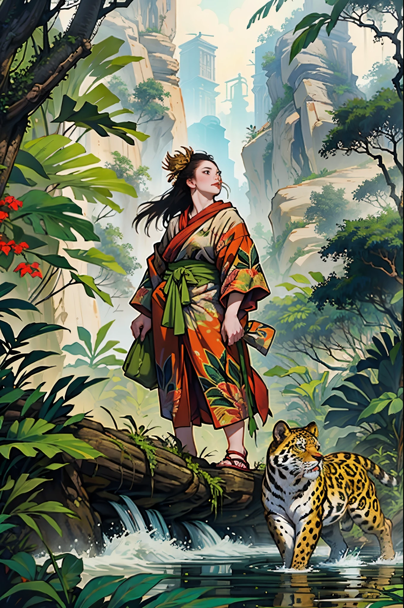 jungle spirit,appear in the form of a woman,There is a jaguar on the river bank