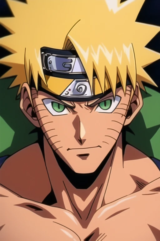 Naruto Uzumaki, 80s tv anime image, handsome muscular shirtless swimmer guy, perfect body, dark emerald and gold, ((best quality)), ((masterpiece)), (detailed), perfect face