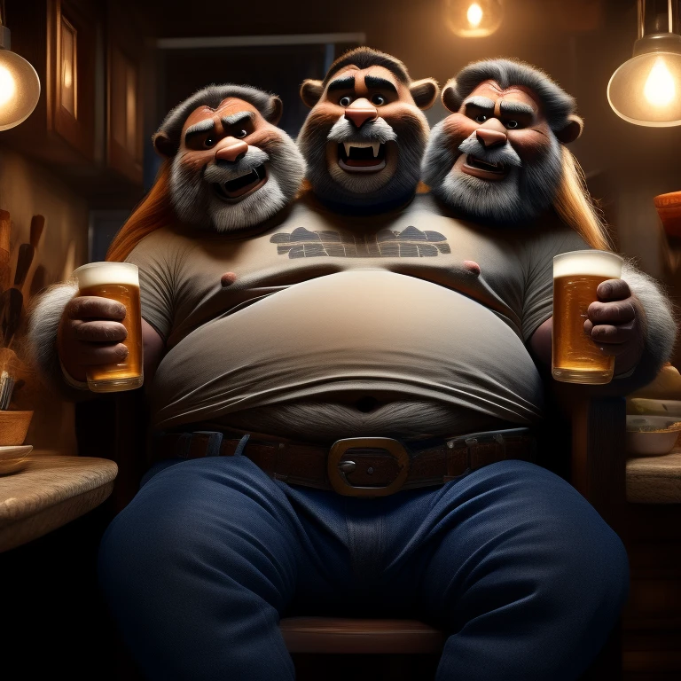 solo, tired and angry golden retrievers sitting on toilet and holding newspaper and holding mug, three identical heads on one body frowning, bald, beards, golden retriever ears, tail, masculine, necks, correct eyes, adult, male, 50 years old, (stylized 3d, by disney, by rembrandt), by pixar:1.1, by dramamine, (fat, beefy, dadbod, chubby, big belly, sweaty, yellow fur, bathroom background, (shirtless, nude, flaccid penis, hairy testicles, big nipples), correct hands, correct anatomy, (ultradetailed, best quality, detailed masterpiece, highly detailed masterpiece, 4k, professional cartoon:1.7), (natural pose, sitting on toilet, holding newspaper:1.1, holding mug:1.1)