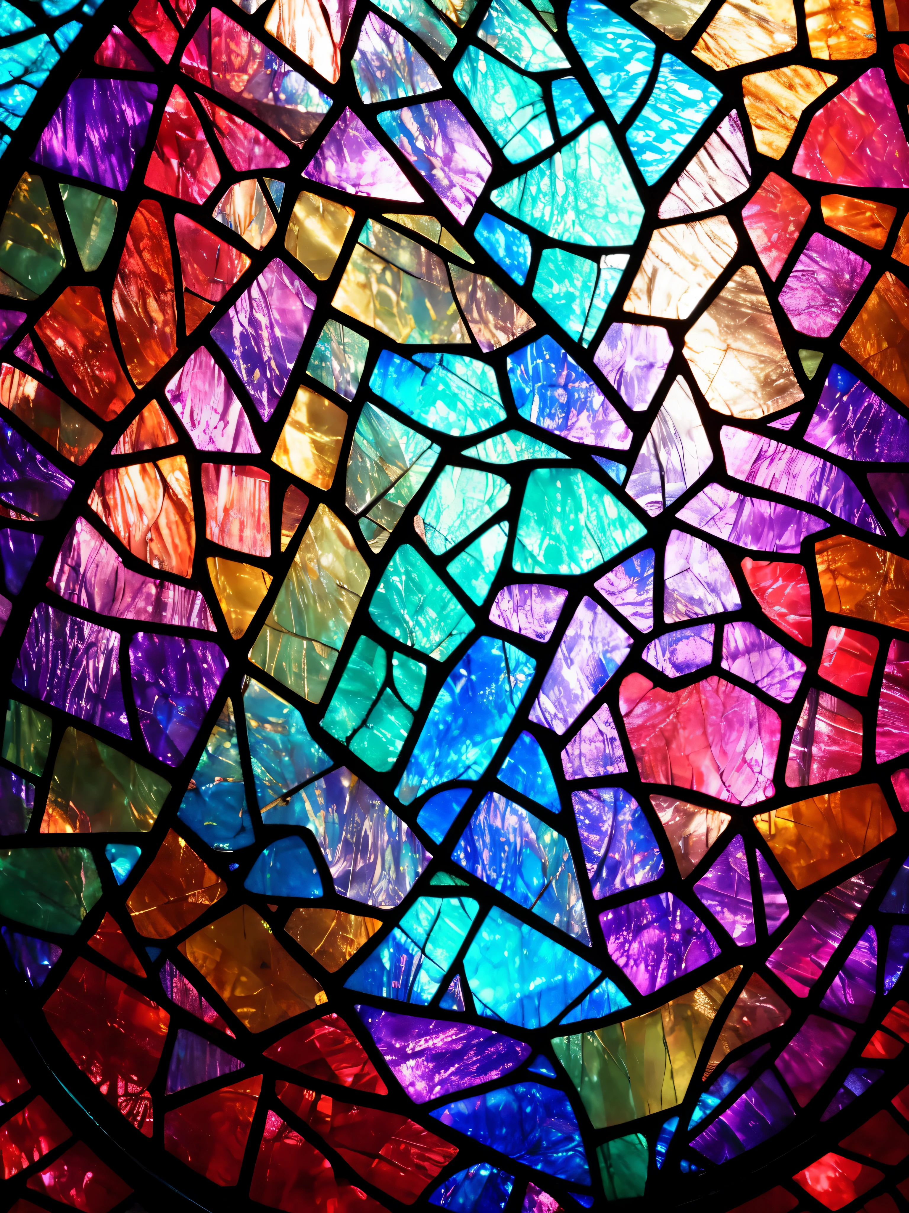 Close-up of stained glass window，There is a heart shape inside, colorful mosaic, stained glass background, iridescent texture, Colorful glass art, Vivid cullet, Glowing stained glass background, Glass mosaic, Stained glass walls, Shiny and colorful, Dichroism, iridescent glass, iridescent glossy spots, Glass texture, stained glass art，sea shell，Exudes light，bright，glass，3D solid，glyptic，Hard，Colored stones