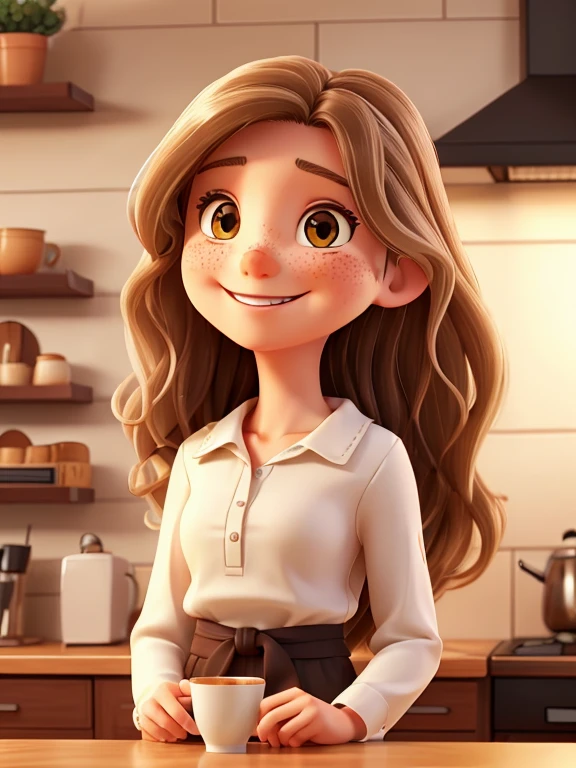 Smiling, brown-eyed white woman, 40 years old, with long wavy hair waist-length brown tossed to the side, freckles on the cheek ,wearing a black blouse , having a coffee in the kitchen.