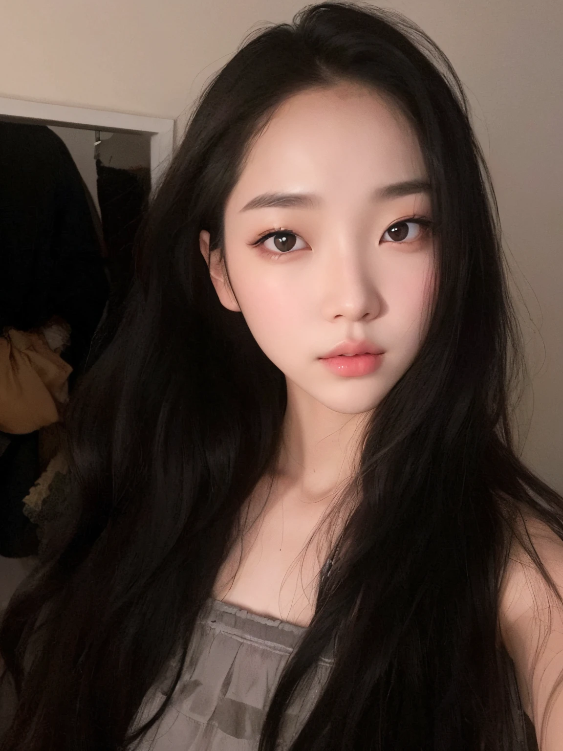 Un primer plano de una mujer con el pelo largo y negro y un vestido gris, Jinyoung Shin, Jaeyeon Nam, ulzzang, Wan adorable cara coreana, Heonhwa Choe, Sun Yunjoo, Lee Ji - Eun, Lee Ji-eun, Taejune Kim, Chica coreana, Kim Doyoung, Joven y adorable rostro coreano, maquillaje popular de Corea del Sur