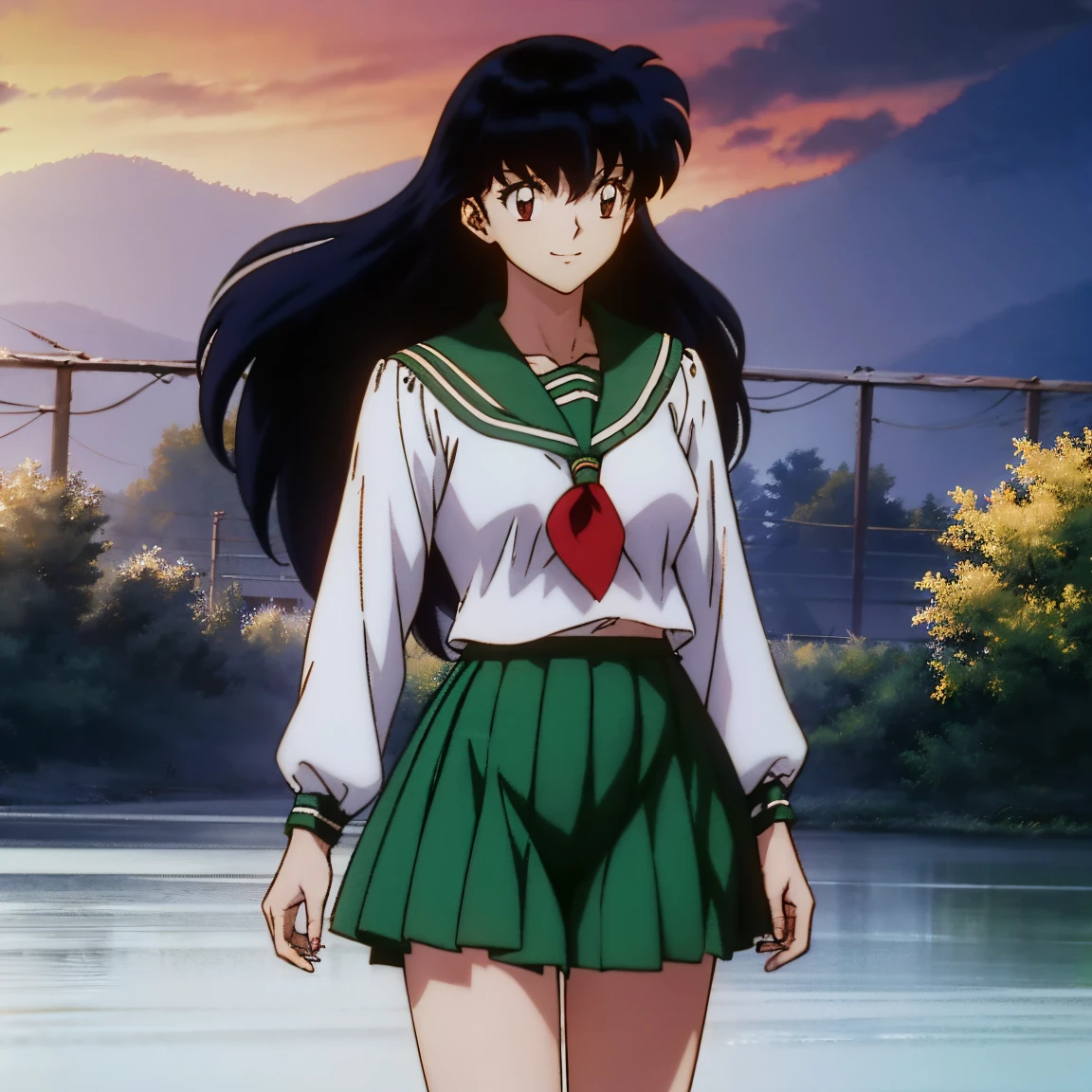 (anime,8k,masterpiece, top quality, best quality,beautiful and aesthetic:1.2,professional illustrasion:1.1,ultra detail:1.3,perfect lighting),extremely detailed,highest detailed,incredibly absurdres , highres, ultra detailed,intricate:1.6, Best quality, masterpiece, ((anime)) ((colored)) HD, Kagome Higurashi, 1girl, school uniform, standing, green SKIRT, long hair, black hair between eyes, thighs soft, chest, smile