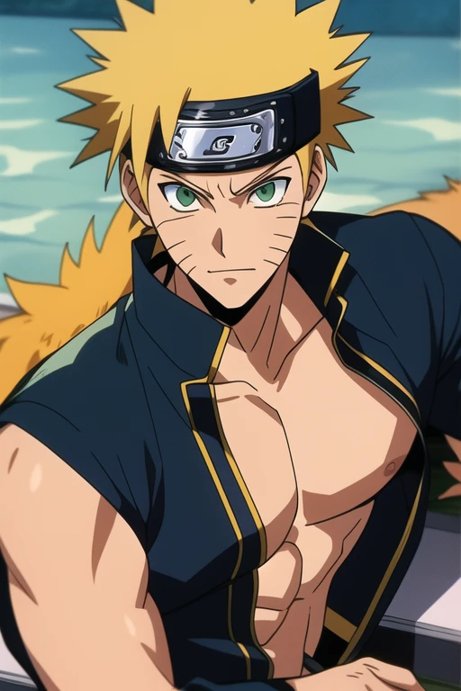 Naruto Uzumaki, 80s tv anime image, handsome muscular shirtless swimmer guy, perfect body, full body, dark emerald and gold, ((best quality)), ((masterpiece)), (detailed), perfect face