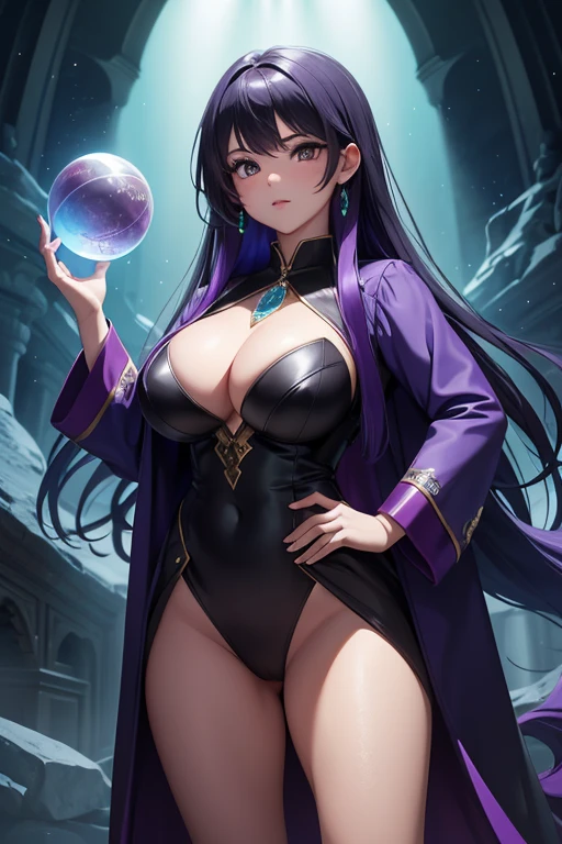 Obra maestra, La mejor calidad, 1girl, with long, iridescent hair in purple tones, azul, y verde, con un elegante traje negro, standing in a dramatic pose with one hand on the hip and the other holding a magic crystal ball. en segundo plano, A swirl of light and energy adds to the mysterious and enchanting atmosphere of the scene.. Cabello resplandeciente, sexy big breasts,sexy body