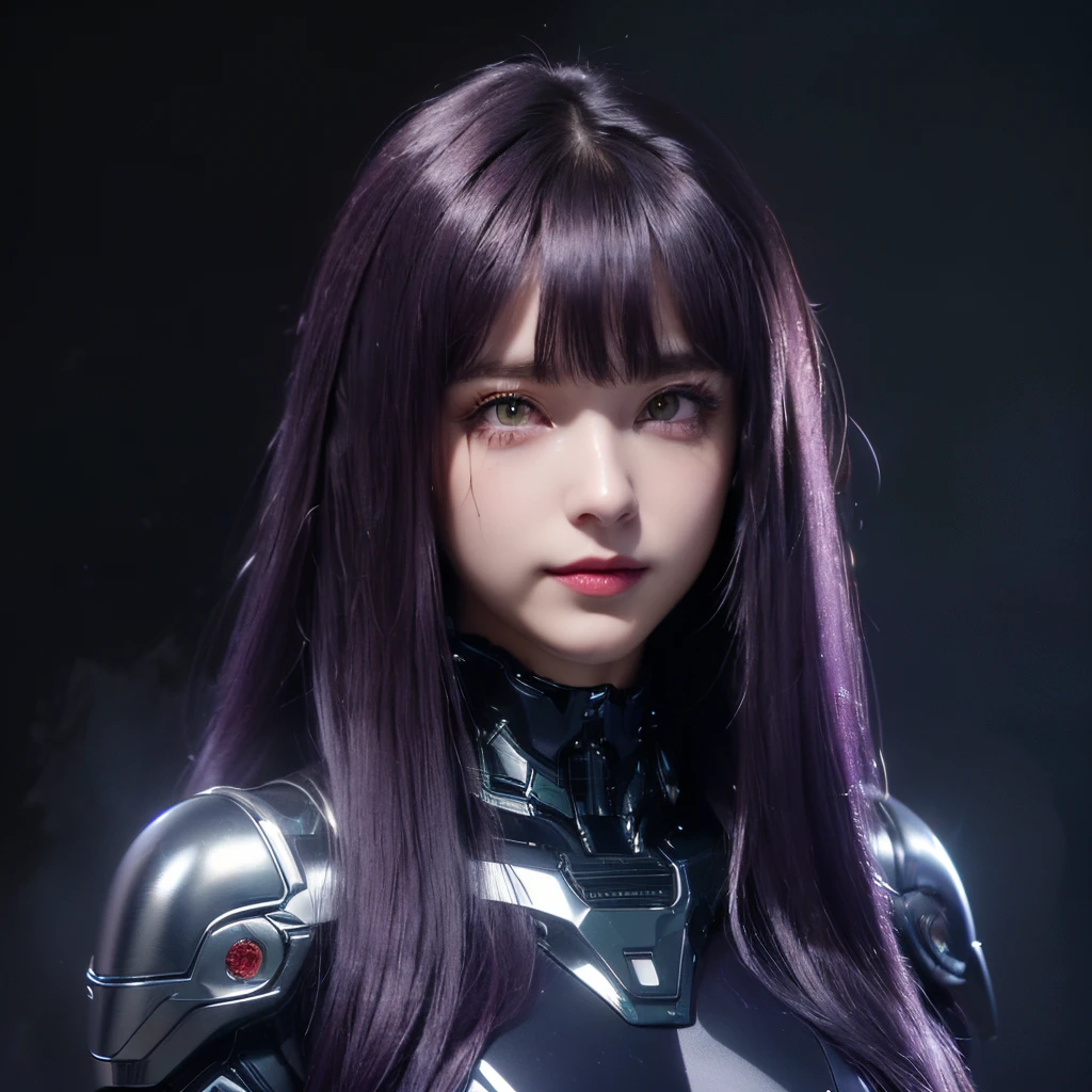 ((masterpiece)), 8k cg, best quality, intricate details, chromatic aberration, ((bust shot)), ((looking at the viewer)), 1girl, Juufuutei Raden, ((Character((a girl)), wide smile, closed mouth, soft lips , olive green eyes)), blush, makeup, strong face features, long lashes, ((long fluffy hair, ((dark purple hair, shiny hair)), straight bangs)), ((cybernetic armor, navy)), defined body, petite, (((background(((dark background)), fog))), absurdes