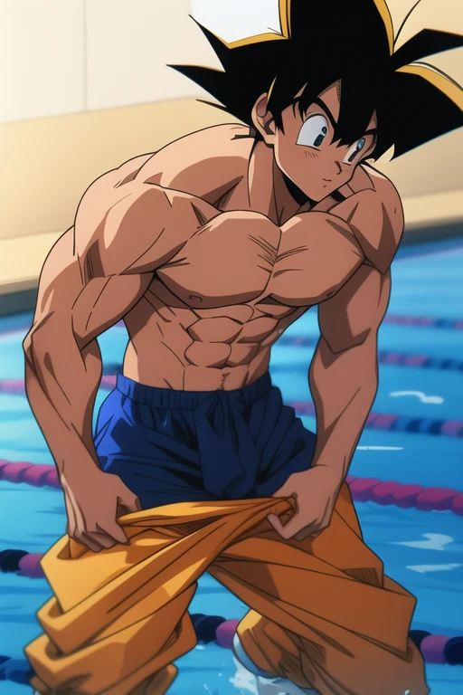 Son Goku, 80s tv anime image, handsome muscular shirtless swimmer guy, perfect body, full body, dark emerald and gold, ((best quality)), ((masterpiece)), (detailed), perfect face