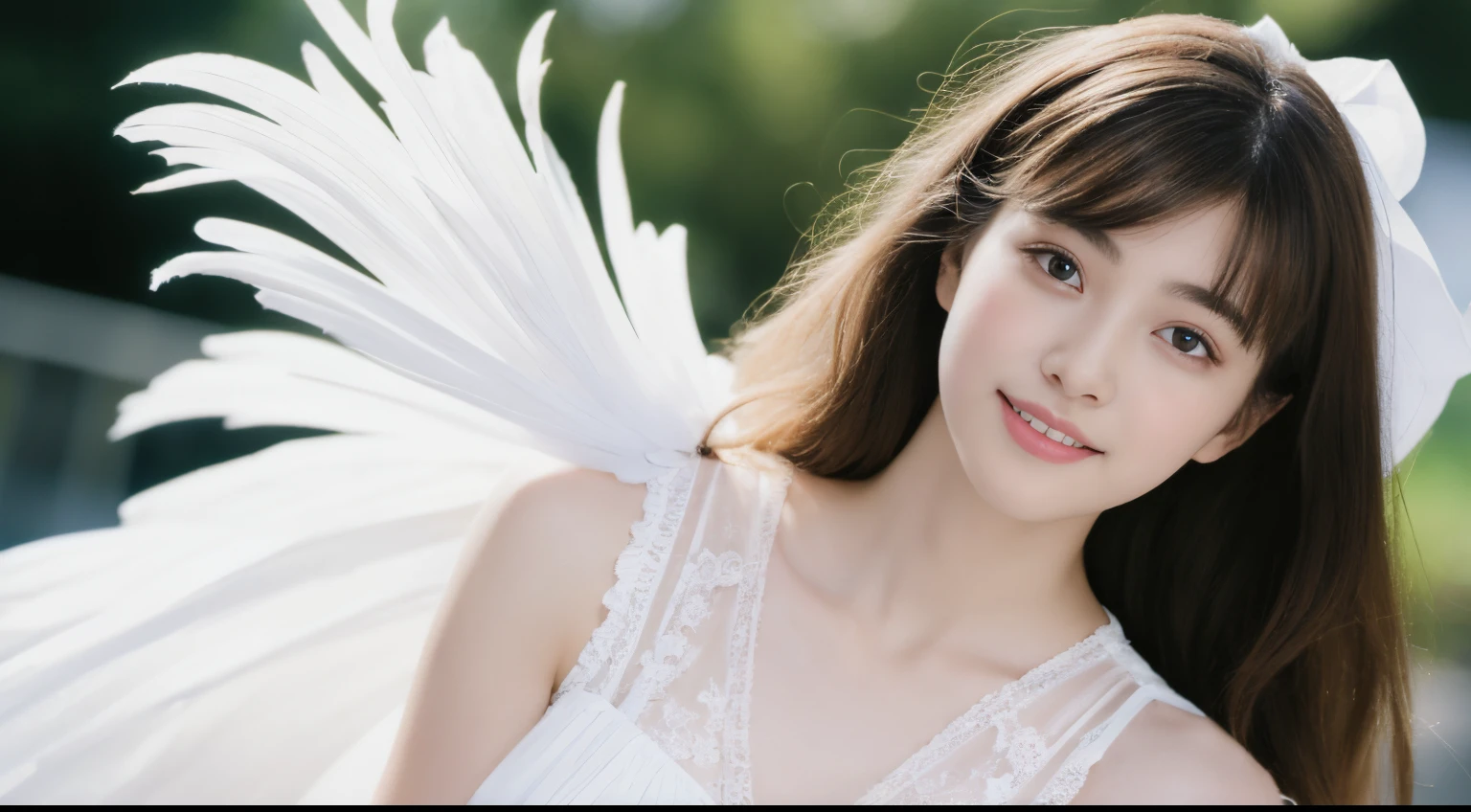 I want to imagine a cute angel girl flapping white wings in the blue sky, A detailed eye,Capture with high quality, Realistic, and detailed photos. Angel Girl、You should be radiating happiness with a smile as you soar through the sky. The focus should be sharp, And the lighting should come from the front, Highlights the intricate details of the angel girl's wings and her joyful expression. The image is、Must be 8K resolution with amazingly crisp and vibrant colors. A person is placed on the left side、a japanese girl、