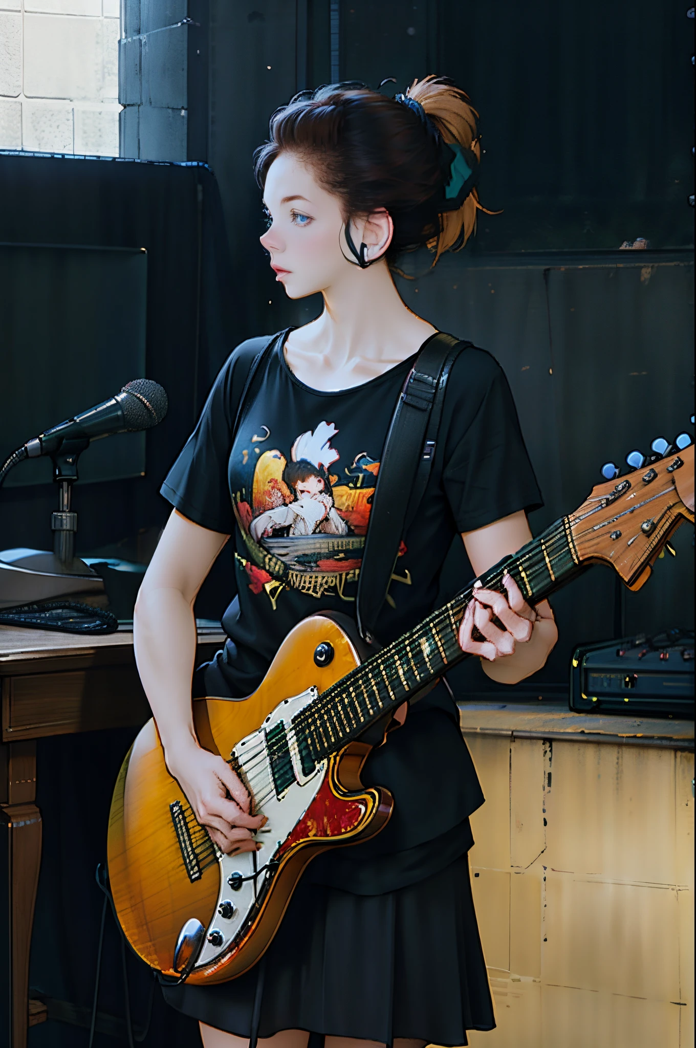 top-quality、8K images、((On the table, Best quality at best))1 girl in, Alone, Black dress, eBlue eyes, electric guitar, guitar, Earphone, double-ponytail, ngel, holding pick, music instrument, long whitr hair, Music, One side facing up, cyanhair, double tails, plays the guitar, pleatedskirt, black shirt,