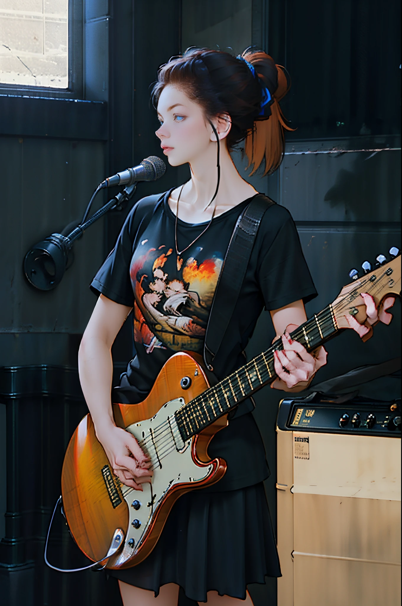 top-quality、8K images、((On the table, Best quality at best))1 girl in, Alone, Black dress, eBlue eyes, electric guitar, guitar, Earphone, double-ponytail, ngel, holding pick, music instrument, long whitr hair, Music, One side facing up, cyanhair, double tails, plays the guitar, pleatedskirt, black shirt,