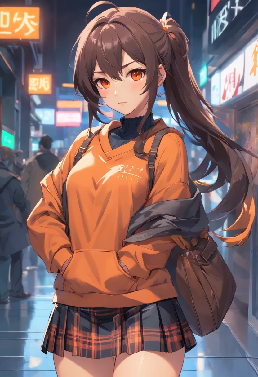 a close up of a woman."Mexican" + "voluptuous body" + "Bouncing heavy tits" + " tan skin" + "deep brown eyes," + "Red luscious lips" + long black hair"
Clothes(Orange Plaid Print Flap Pocket Drop Shoulder Coat, black turtlenech sweater, leather black skirt, ankle boots), oppai proportions, krenz cushart and artgerm, thick smooth warframe thighs.