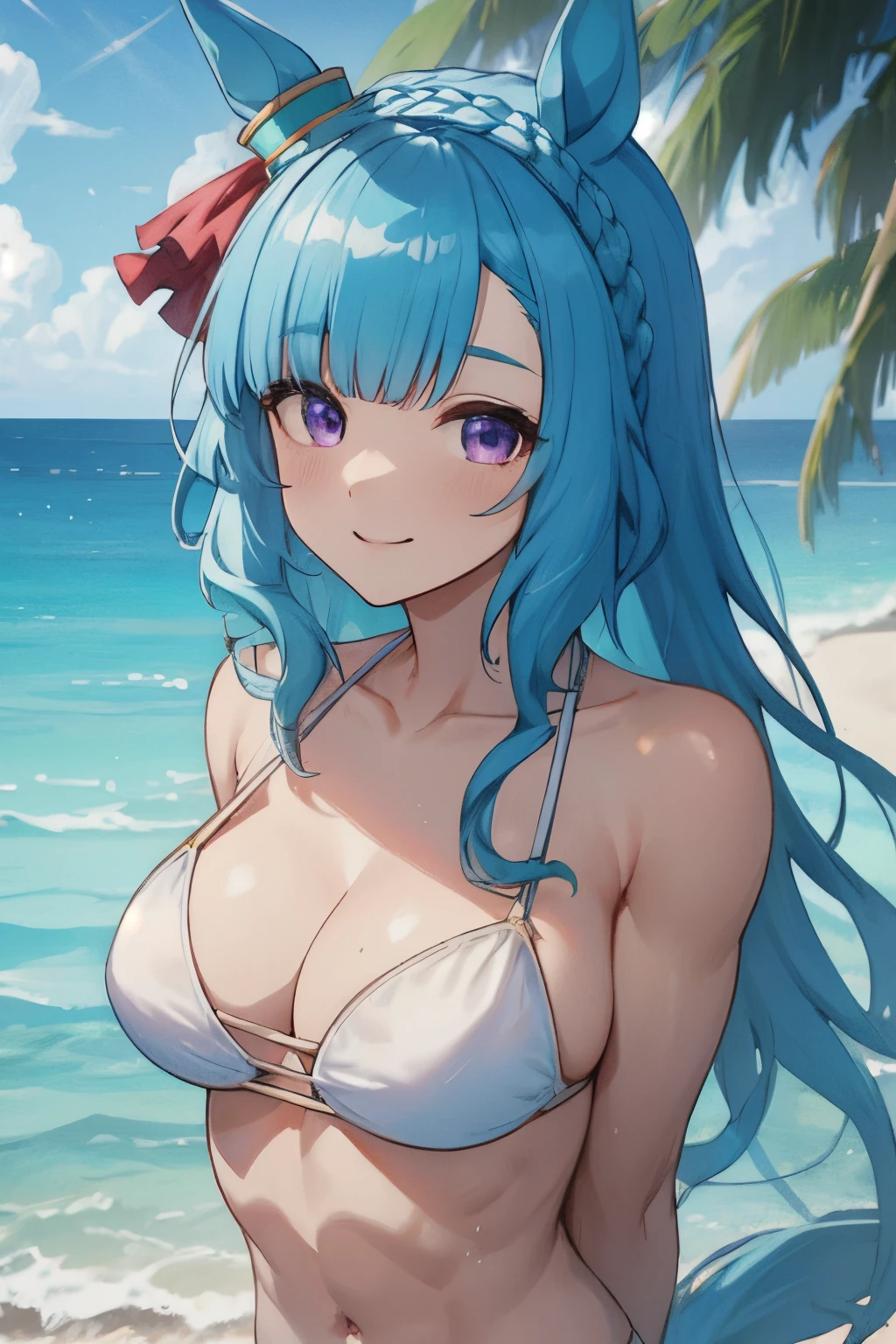 mejiro ardan\(umamusume\), masterpiece, best quality, ultra-detailed face, front, upper body, muscular, white bikini, horse tail, abs, smile,large tits, sea, arms behind back