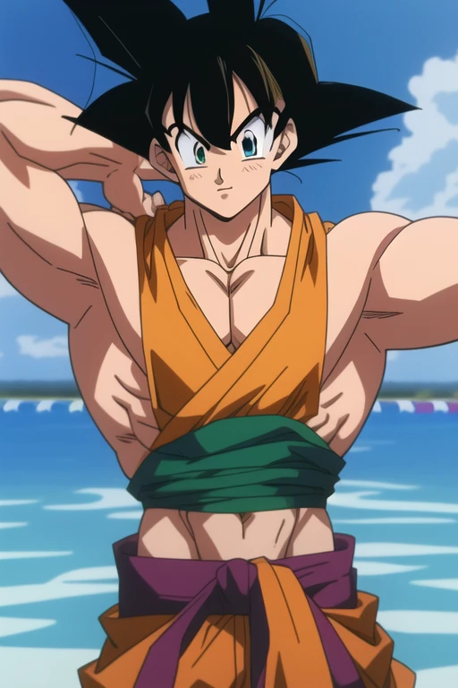 Son Goku, 80s tv anime image, handsome muscular shirtless swimmer guy, perfect body, full body, dark emerald and gold, ((best quality)), ((masterpiece)), (detailed), perfect face