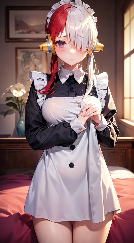 masutepiece、Best Quality、hight resolution、tre anatomically correct、((maid clothes))、a miniskirt、bedroom、(Vibrant colors:1.2)、(masterpiece:2.0)、onepiece、Uta、blanche、left red hair、right gray hair、Not wearing pants、divine spirit、Flushed cheeks、Beautiful girl in every detail、Body shining with sweat、Wet、Seductive thighs、sexy pose、Hair above one eye、(frombelow:1.5)、Pussy、Female genitals、vaginal、Intravaginal、Expansion、You can see inside the skirt、Female genital exposure