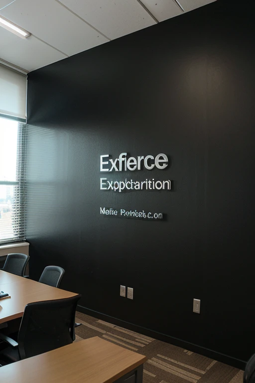create an image of an office with a 3D logo on the black wall written EXPERCORP